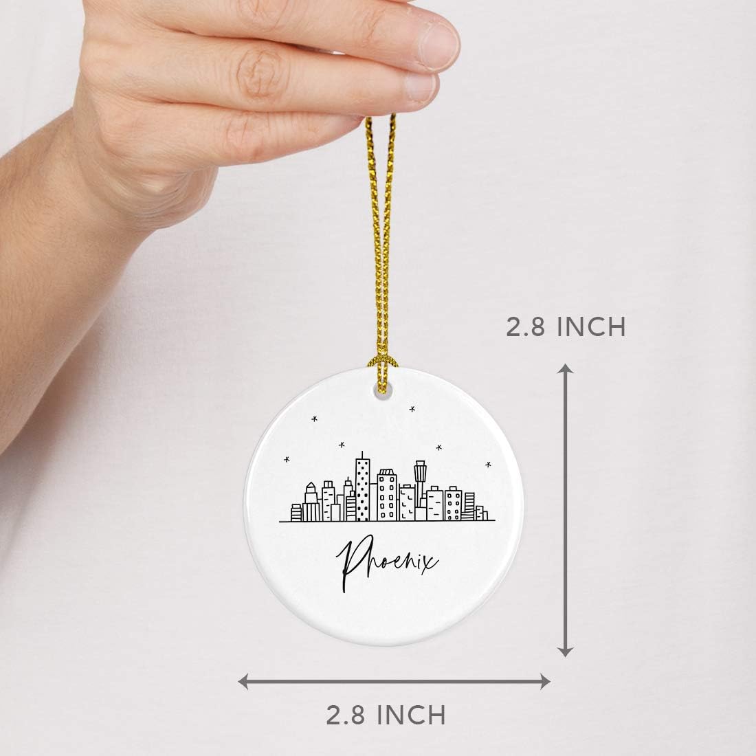 Andaz Press Round Ceramic Porcelain Christmas Tree Ornament Keepsake, Phoenix Black and White Stars City Skyline Graphic, 1-Pack, Birthday Gift Idea for Family Coworker Him Her, Includes Gift Box