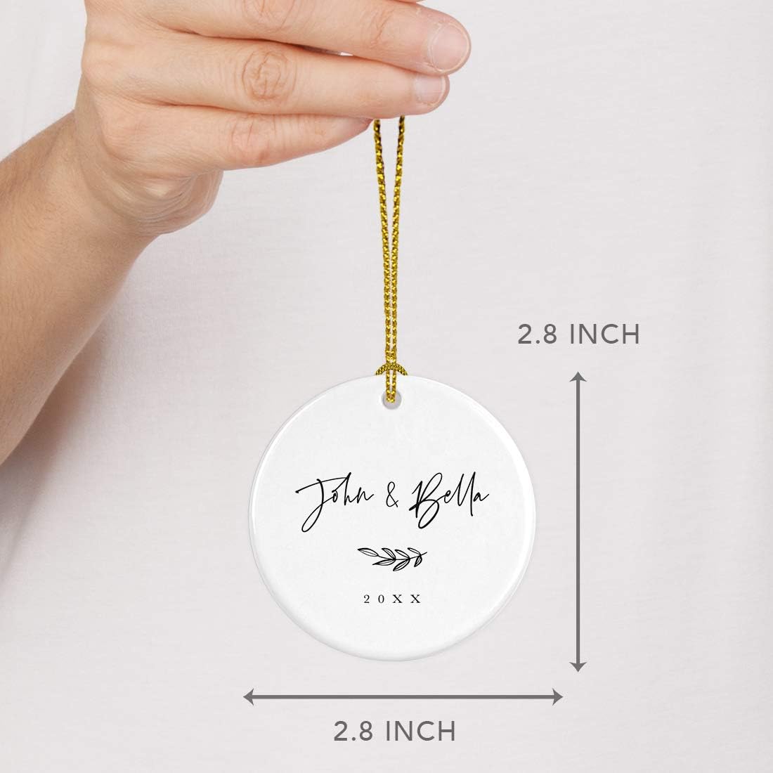 Andaz Press Personalized Round Ceramic Porcelain Christmas Tree Ornament Engagement Keepsake Collectible Gift, John & Olivia, Antique Handdrawn, 1-Pack