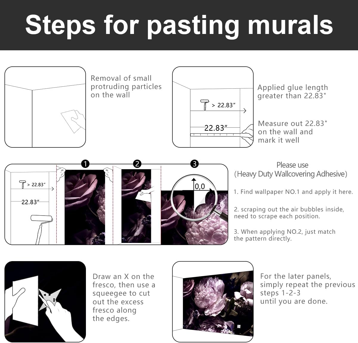 -Black Peony Purple Floral Botanical Fabric Wallpaper Living Room Bedroom Bathroom Dark Flowers Large Wall Mural- 137"x96"( not Peel and Stick)