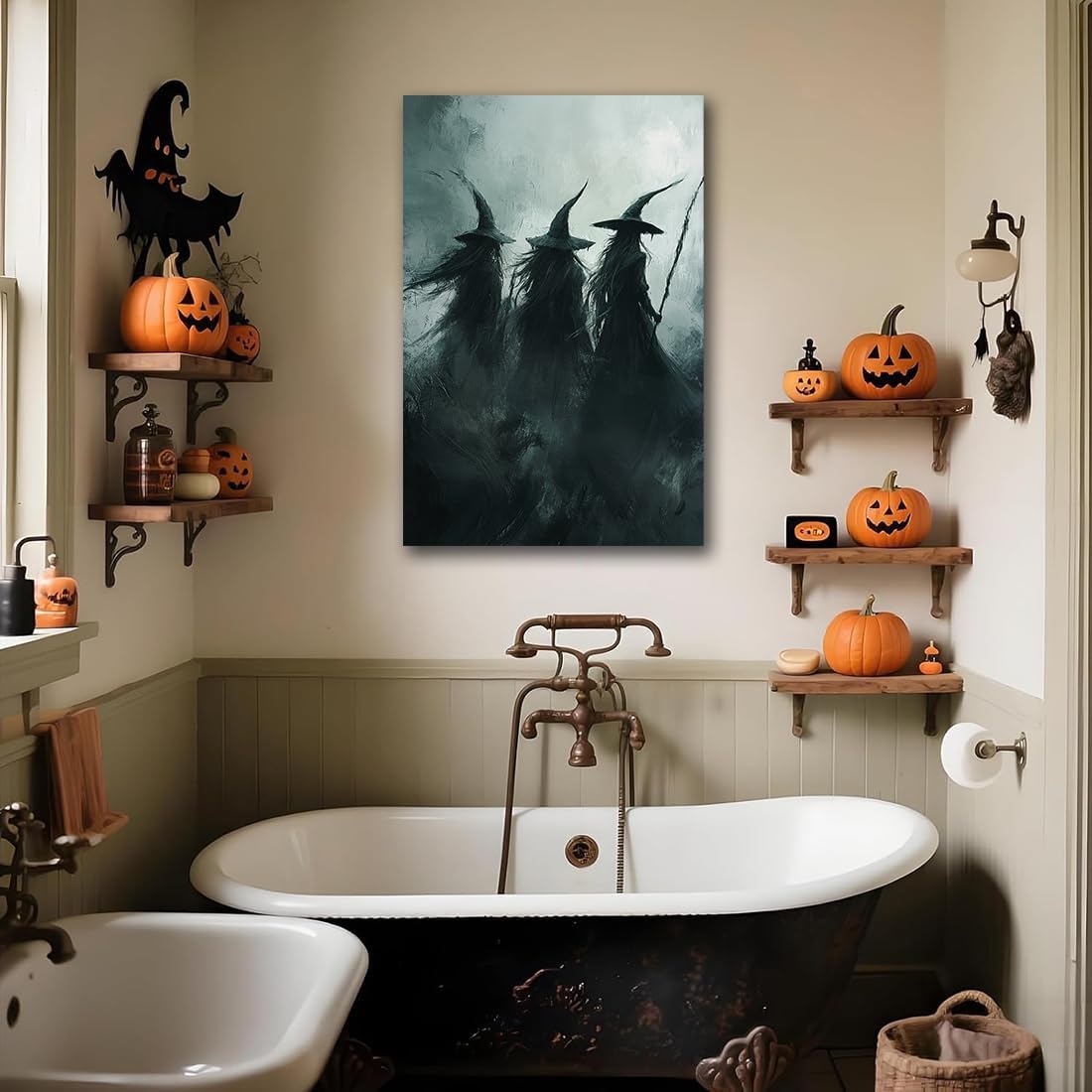 Gothic Witchs Horror Halloween Wall Art,Three Witches in Moody Forest Painting Wall Decor,Autumn Spooky Witches Forest Canvas Printing For Gallery Living Room Bedroom,12"x18" Framed