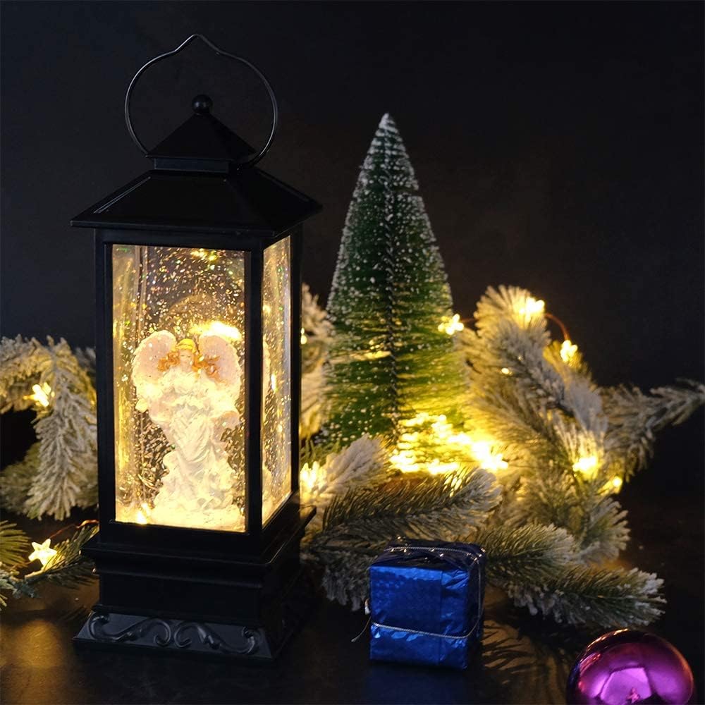 Eldnacele Musical Singing and Lighted Plug-in & Battery Operated Lighted Christmas Water Glittering Snowing Globe Christians Church Lantern for Home Decoration Angel