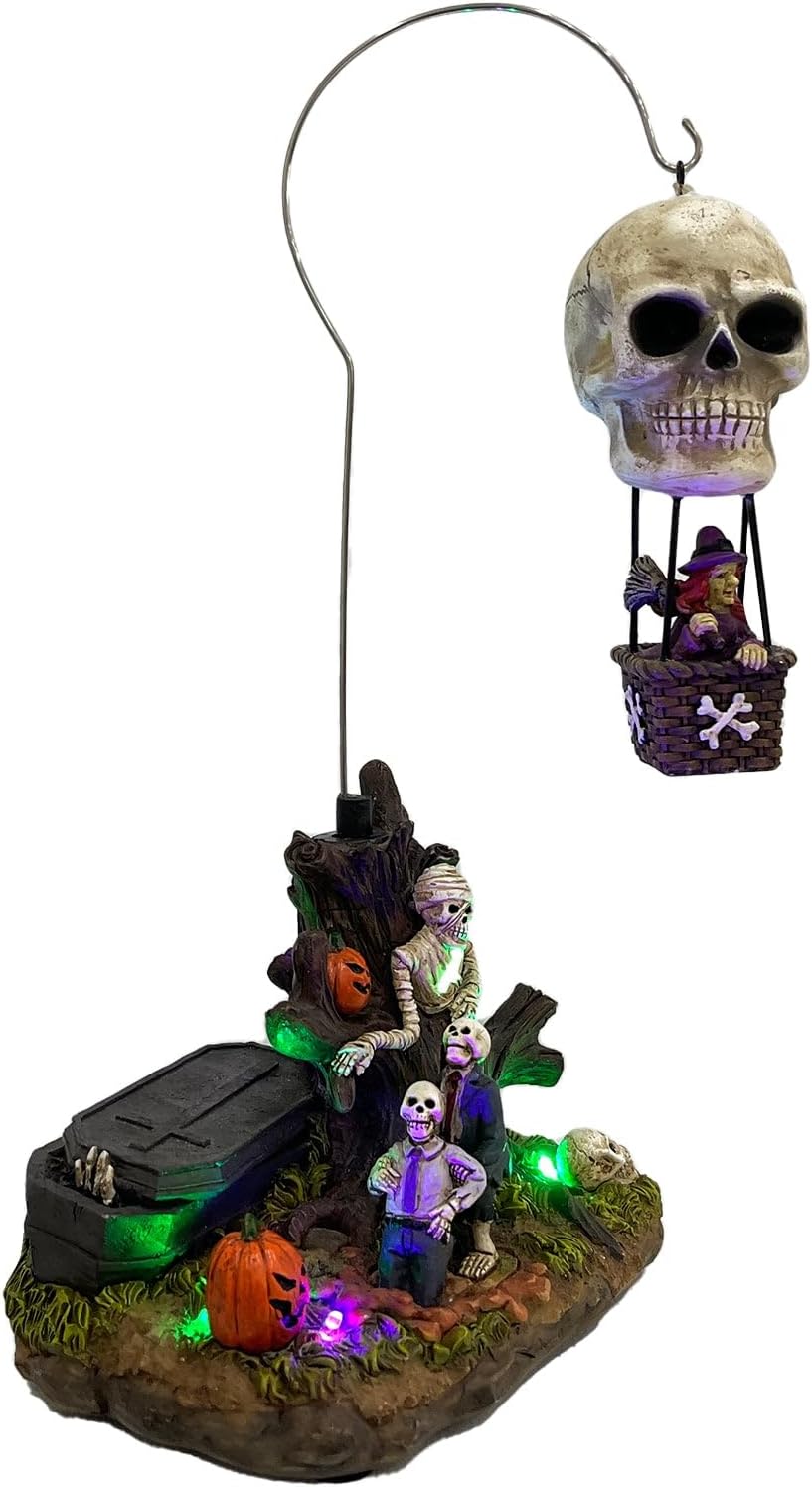 Animated Skull Balloon Ride Halloween Figurine | Spooky Town Collection Accessories with Multi-Color LED, Motion and Sound | 14.13 Inch