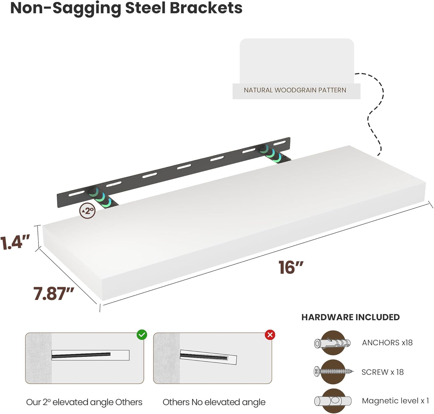 Floating Wood Shelves for Wall 16 Inches x 8”x 1.4” Shelf Floating Home Decor, Heavy Duty Shelf Hold 35 lbs, Wall Shelves for Bathroom Living Room Kitchen Bedroom Office - Set of 2 White