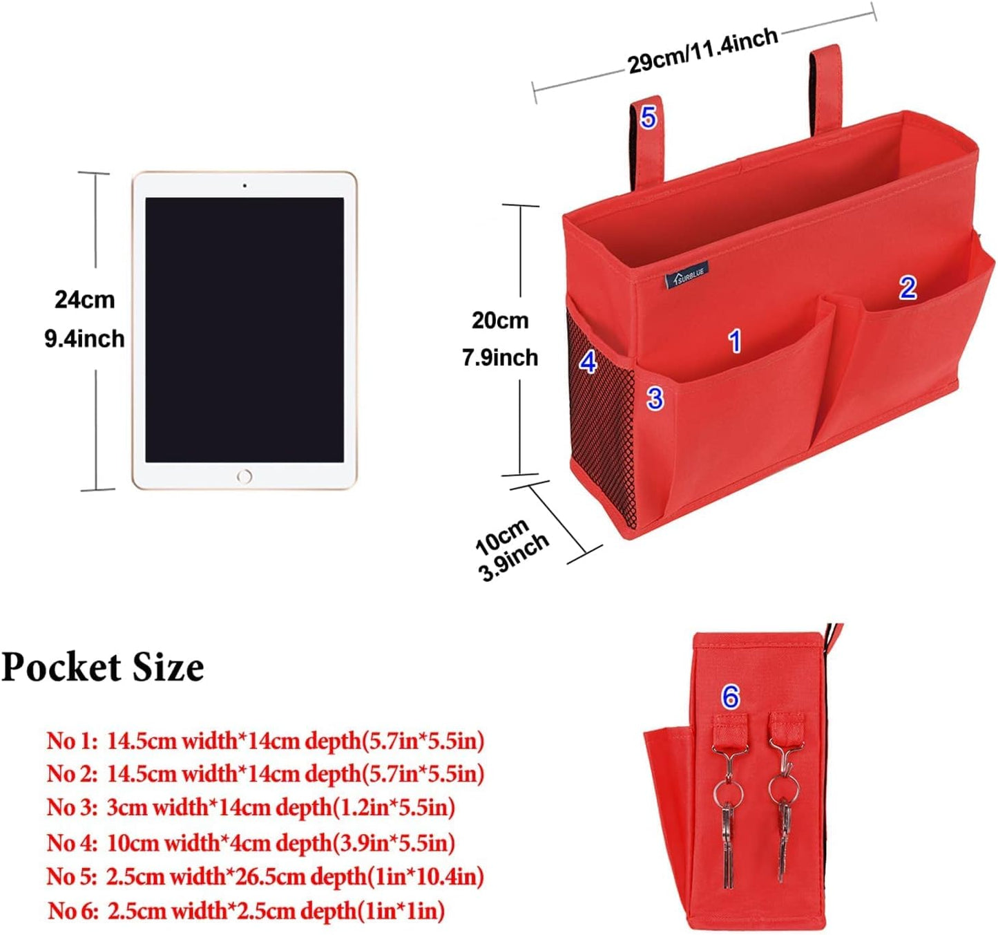 Surblue Caddy Hanging Organizer Bedside Storage Bag for Bunk and Hospital Beds, Red, Small
