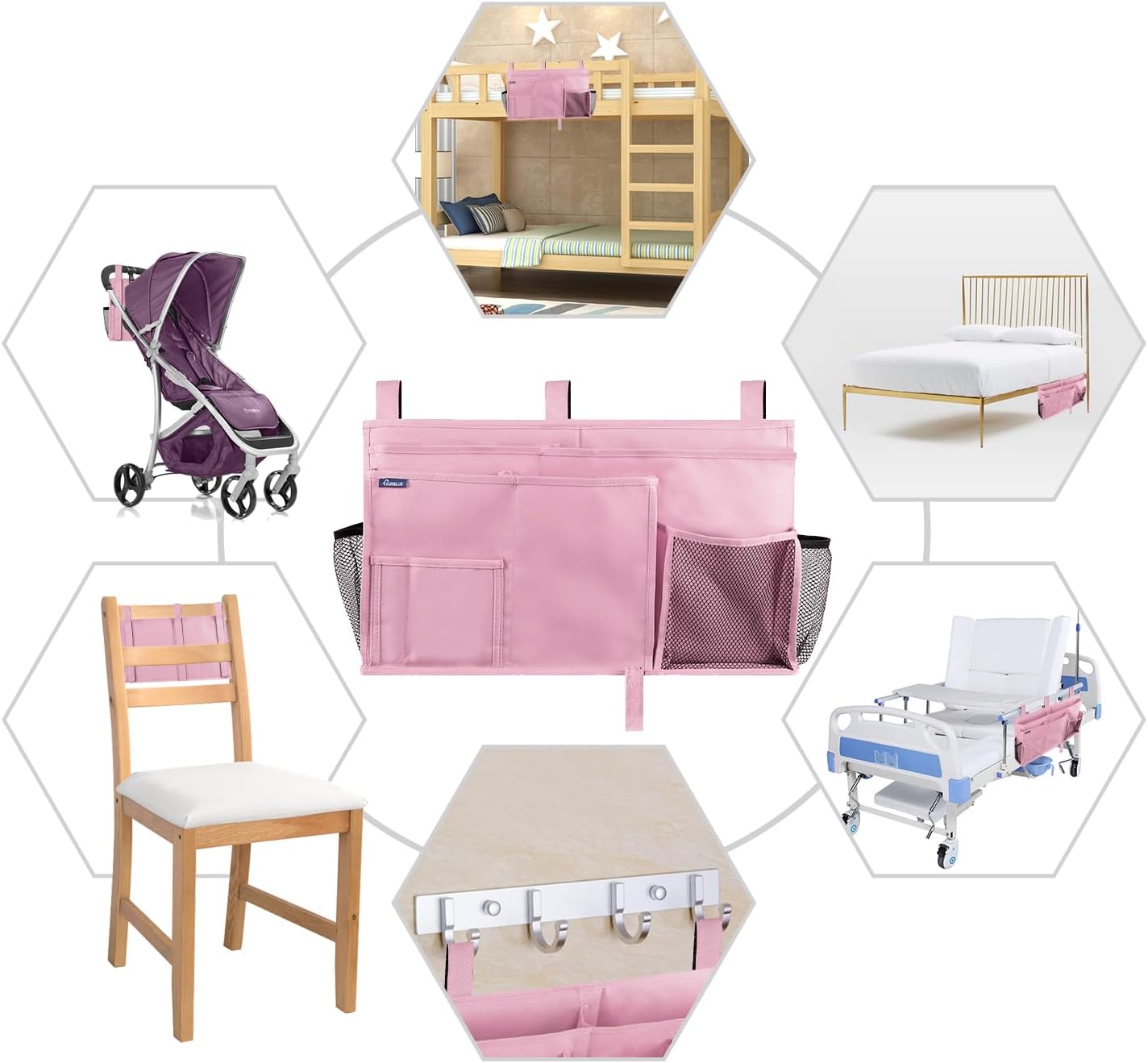 Surblue Caddy Hanging Organizer Bedside Storage Bag for Bunk and Hospital Beds, Pink, L