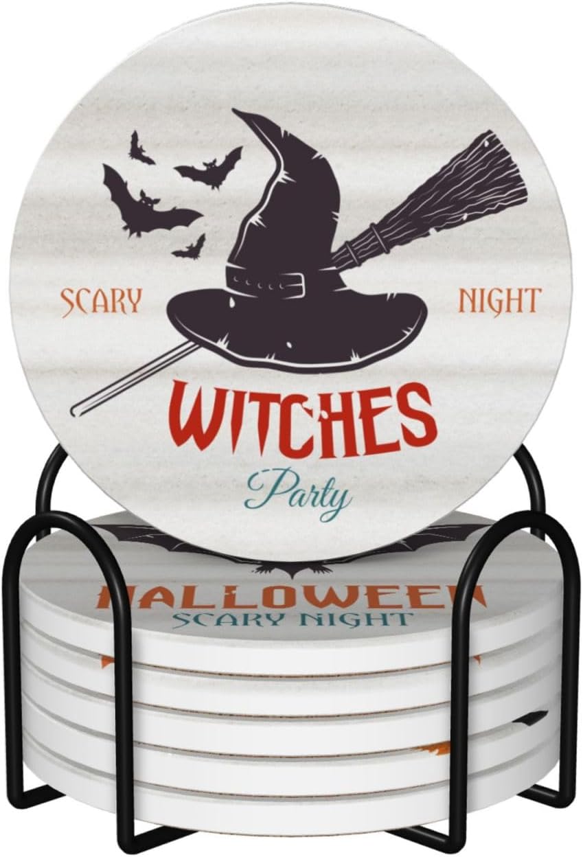 6 PCS Halloween Coasters with Metal Holder and Cork Base Ceramic Drink Coasters Absorbent Cup Mat Non-Slip for Home Kitchen Office Table Decor, 4 Inch Halloween 1