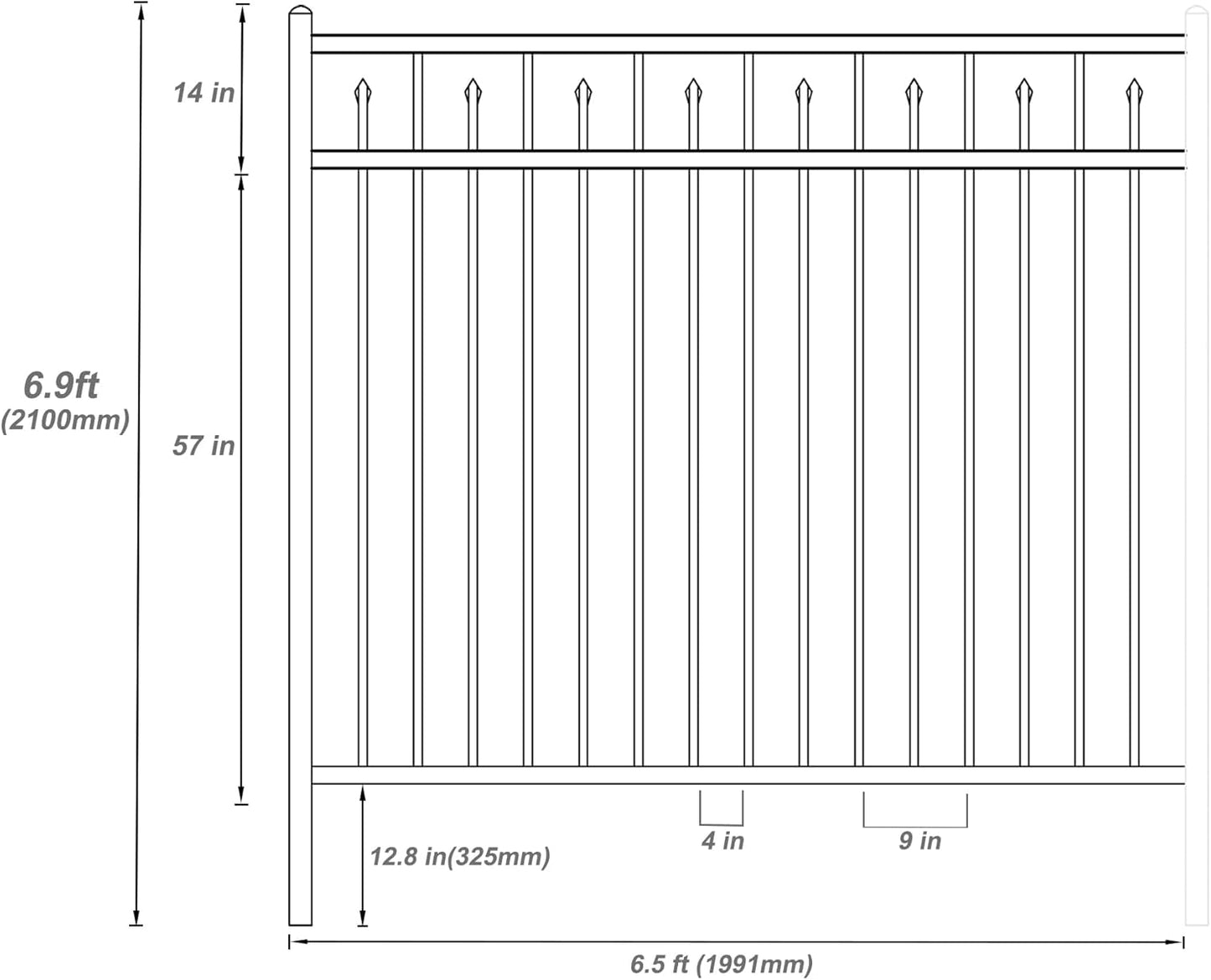 Galvanized Steel Fence Panel, 6ft H x 6.5ft W, Decorative DIY Installation for Outdoor Garden, Wrought Iron Style, Black