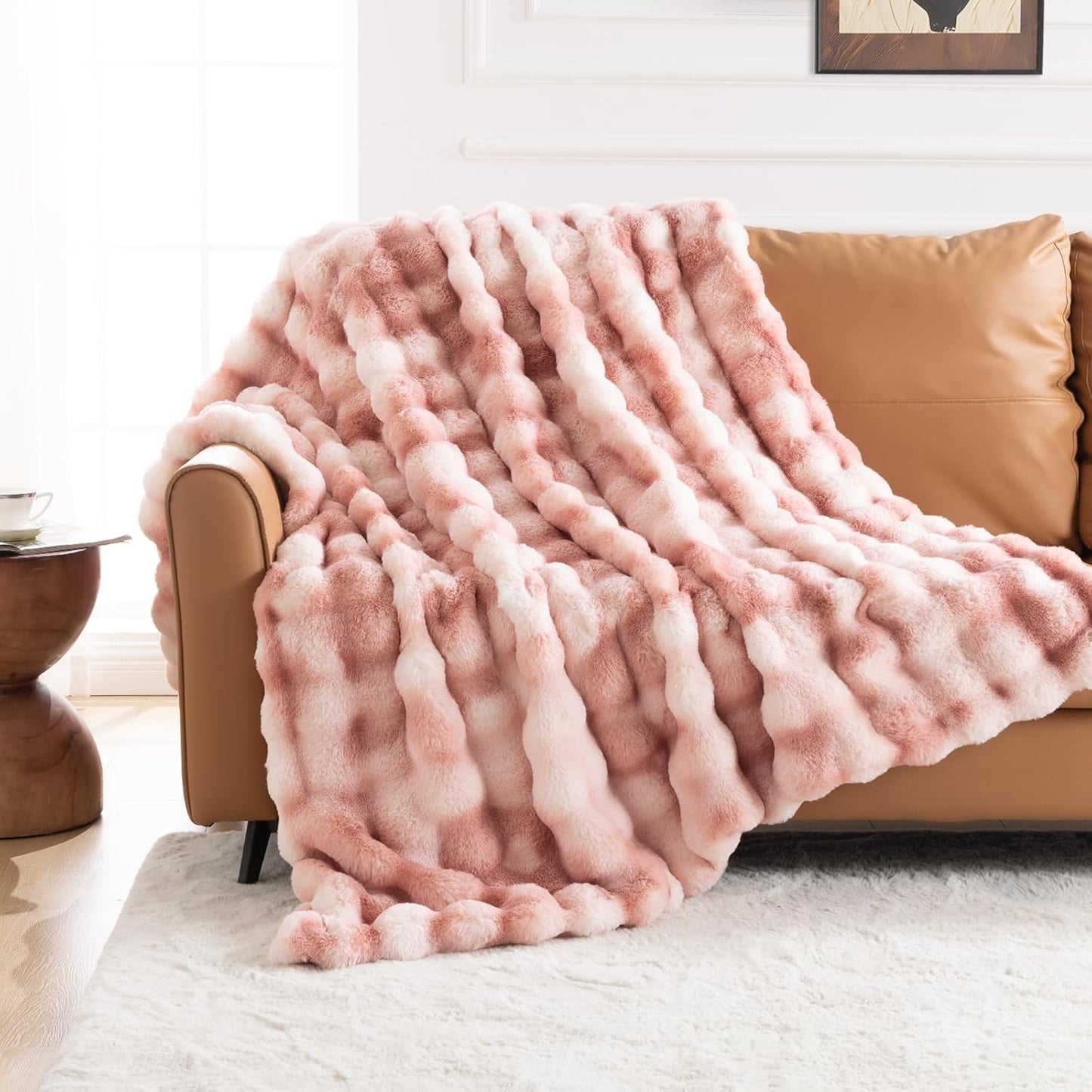 Cozy Faux Fur Throw Blanket for Couch-Warm Fuzzy Throw Blanket, Soft Plush Thick Bubble Blankets for Bedroom and Living Room, Furry Luxury Blanket, 60 x 80, Tie-Dye Pink