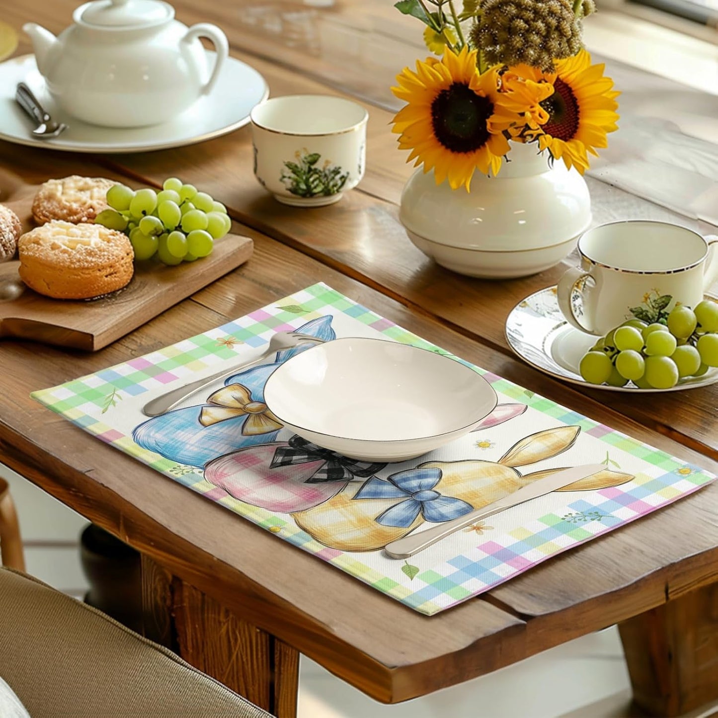 Easter Bunny Placemats Set of 4 Green Blue Pink Yellow Buffalo Plaid Rabbits Floral Bow Place Mats 12x18 Inch Happy Easter Table Mats for Spring Party Kitchen Dining Holiday Decor