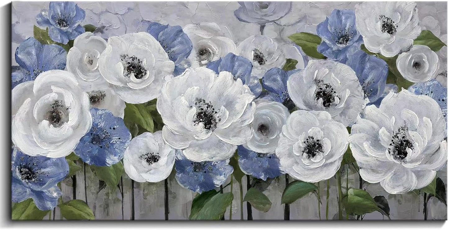 Floral Wall Art for Living Room- Large Canvas Paintings with Floral Wall Picture - Flower Wall Decor in Blue & White, Textured Artwork - Landscape Wall Art & Pictures for Bedroom and Home Decor