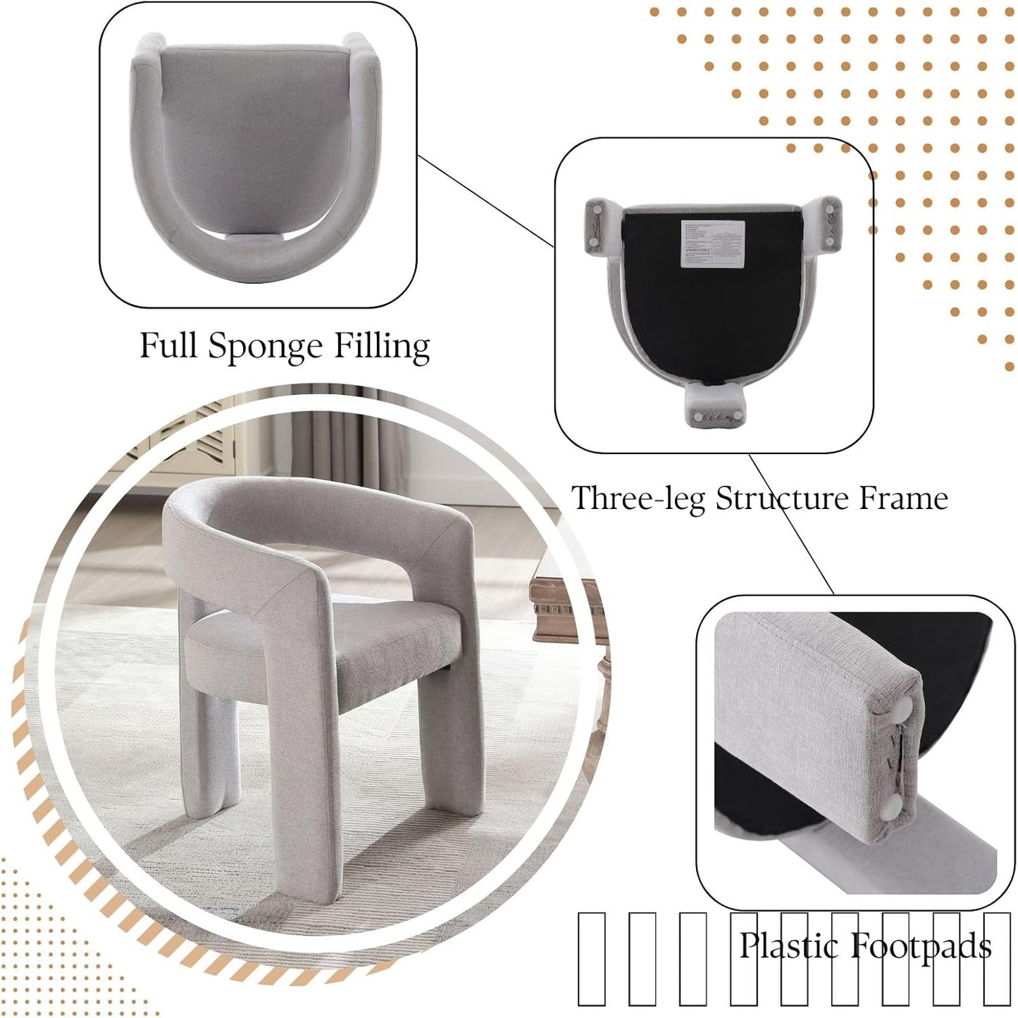 Grey Chenille Dining Chairs Set of 6, Modern Barrel Dining Room Chairs Upholstered Faux Fur Accent Chair with Arms and Round Back for Living Room Kitchen Armchair No Assembly Needed