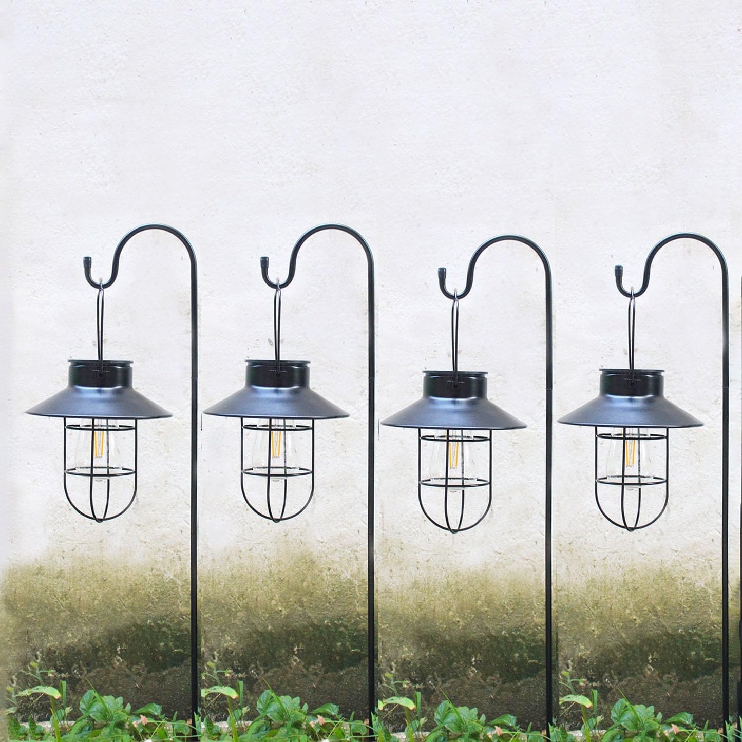 4 Pack Hanging Solar Lantern Lights with Shepherd Hook, Metal Waterproof Warm White Edison Bulb Lights for Garden Outdoor Pathway