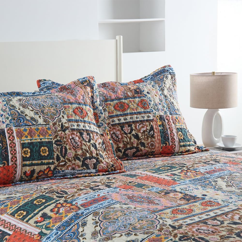 Cotton Bedspread Quilt Sets Reversible Coverlet Sets Comforters Vintage Bohemian Patchwork Bedspread Bedding Sets,Gorgeous Bohemian Floral,Queen Size