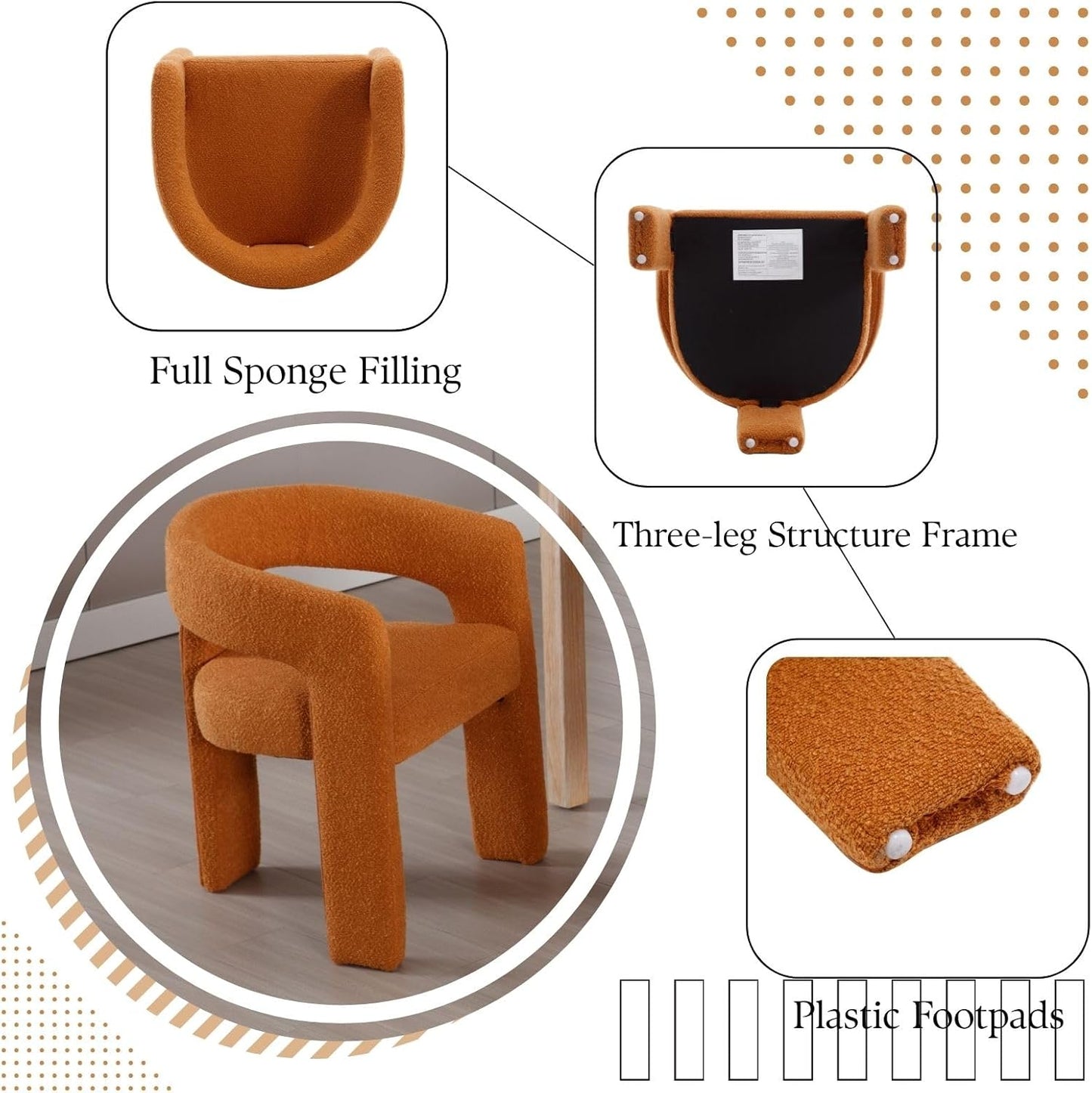 Orange Sherpa Dining Chairs Set of 2, Modern Barrel Dining Room Chairs Upholstered Faux Fur Accent Chair with Arms and Round Back for Living Room Kitchen Armchair No Assembly Needed