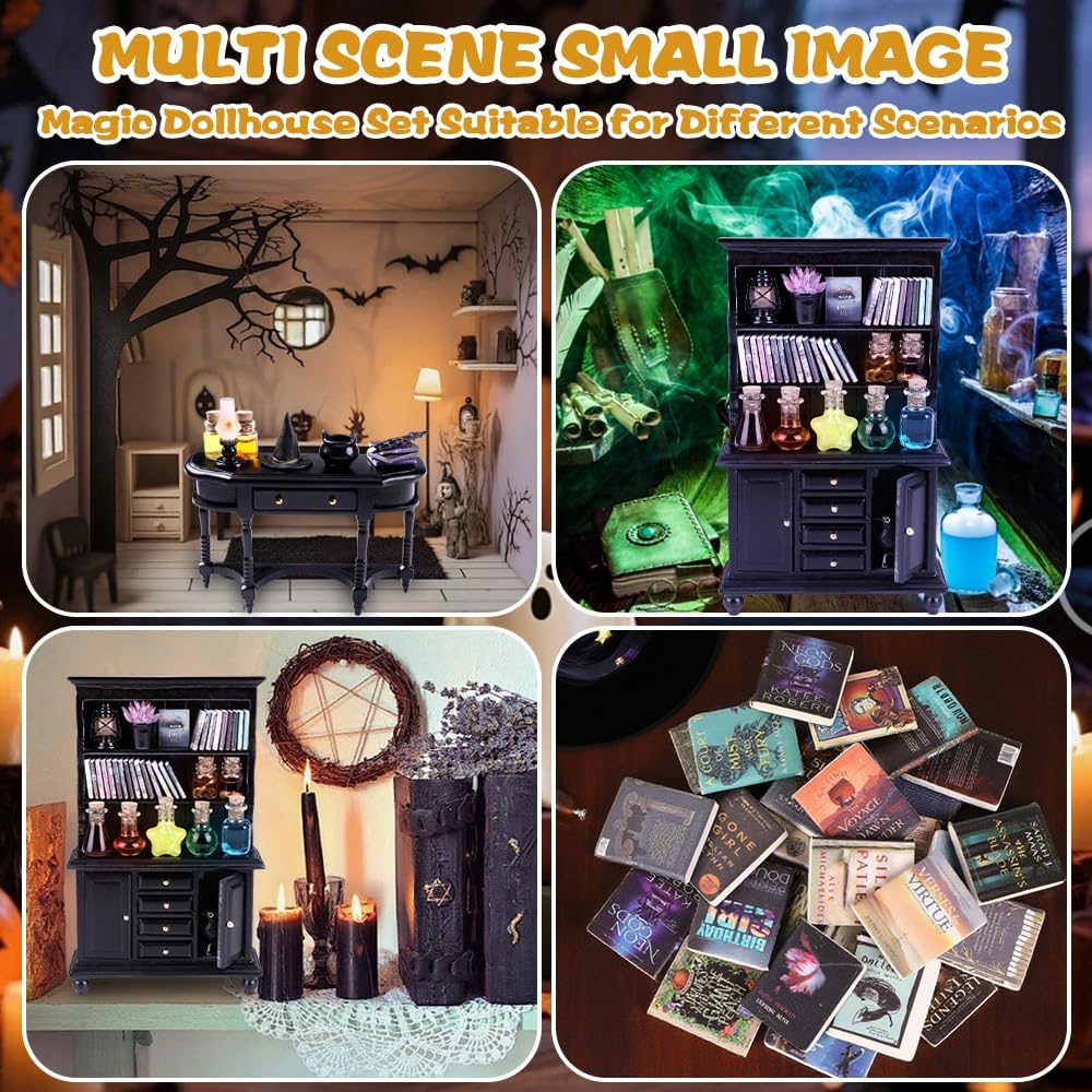 56 Pcs Halloween Miniatures Decorations 1:12 Scale Magic House Accessories Mini Wooden Bookshelf Furniture Set Tiny Sorcery Bottles Books Desk Chair Witch Hat Dollhouse Decor