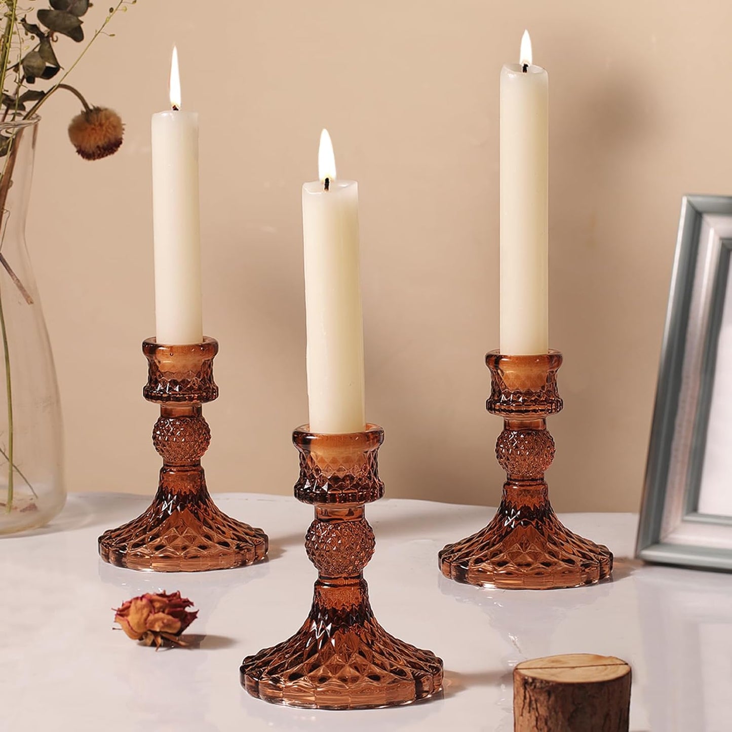 12Pcs Amber Candlestick Holders Set- 4" H Taper Candle Holders Bulk, Glass Candle Holders for Wedding, Party, Fall Dinner Table Centerpieces, Festival Gifts & Windowsill Decor