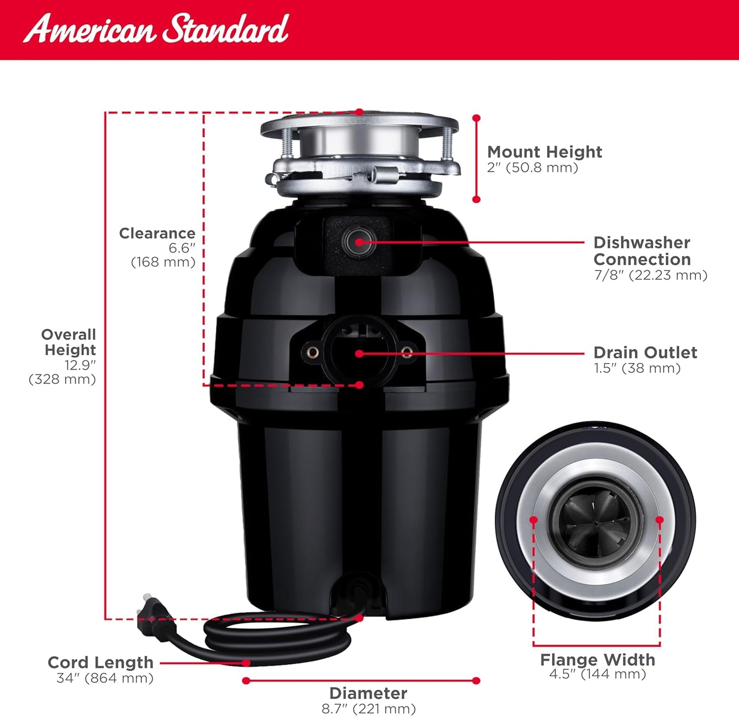 American Standard 10-US-AS-7 Garbage Disposal Anti-Jam Stainless Steel Food Waste Grinding System, Heavy Duty, 3/4 HP, Black
