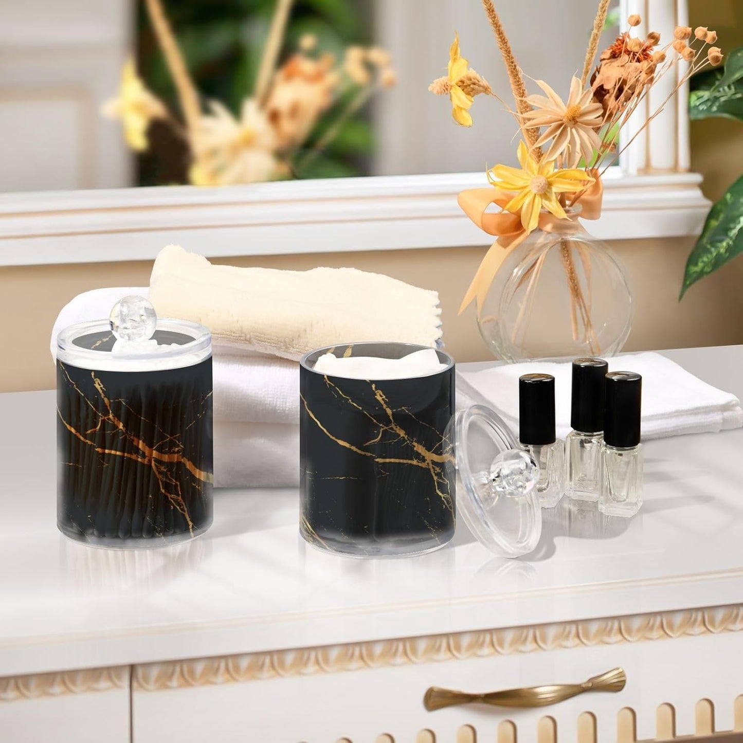 2 Pack Qtip Holder Organizer Dispenser Gold Black Marble Texture Bathroom Storage Canister Cotton Ball Holder Container for Cotton Pads/Swabs/Floss