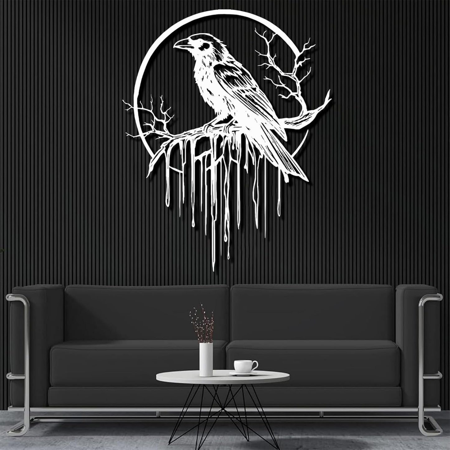 Crow Metal Wall Decor, Raven Wall Art, Large Gothic Raven Decor Hangings, Bird Wall Decor, Metal Tree Branch Decor, Ravens Sign, Raven Art for Living Room (Silver, 31"x25" | 80x64cm, metal wall art)