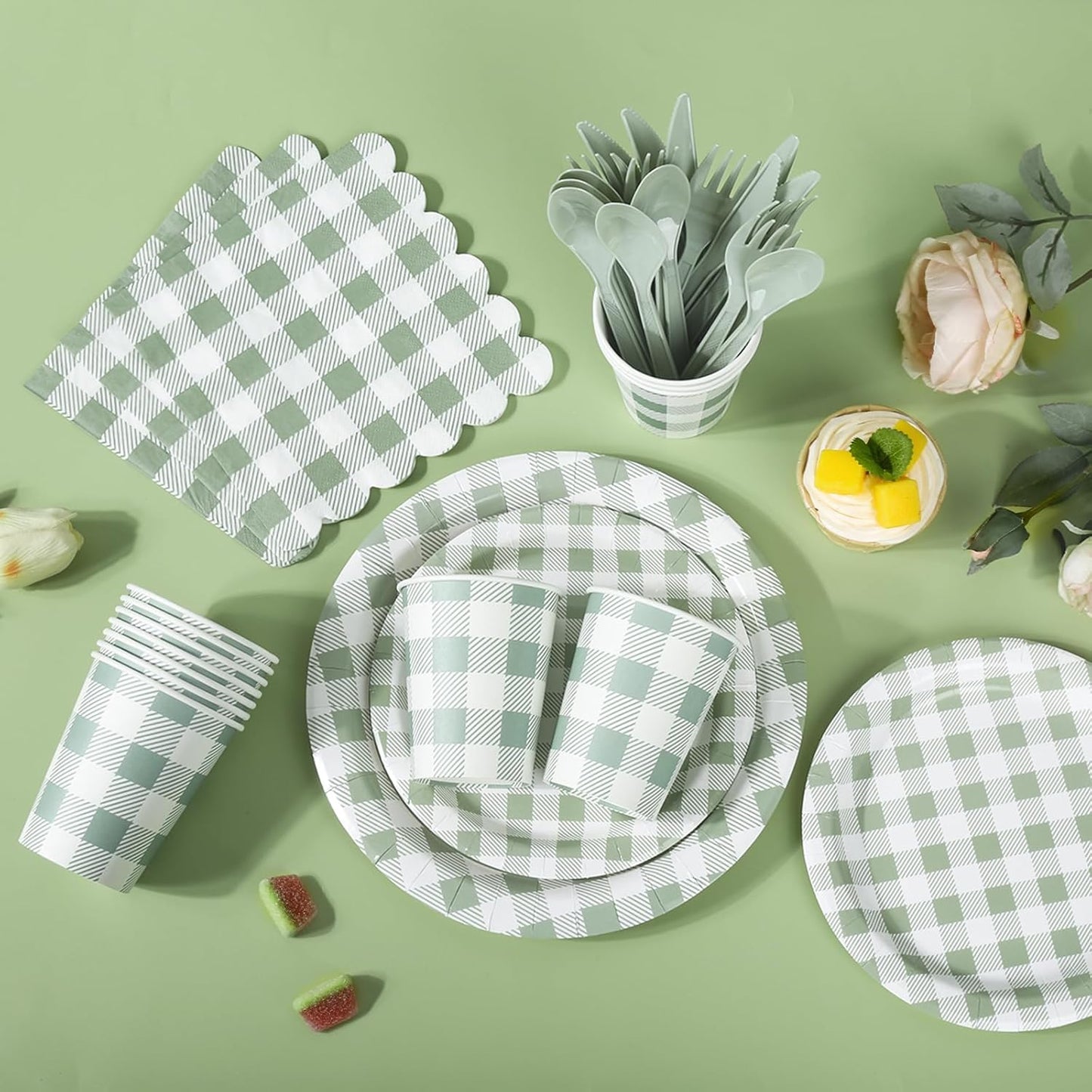 200Pcs Sage Green Gingham Party Supplies Gingham Paper Plates and Napkins Cups Sage Plaid Plates Disposable Green and White Plaid Party Decor for Birthday Family Picnic BBQ,Serves 50 Guests