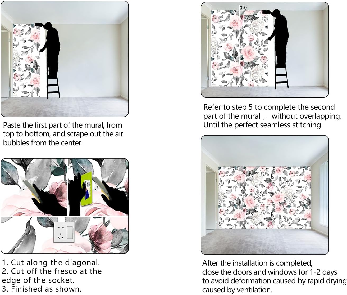 Grey Leaf Pink Flowers Mural Bedroom Floral Wallpaper Room Decor Living Room tv Background Large Wall Mural - 183"x120" (Not Peel and Stick)