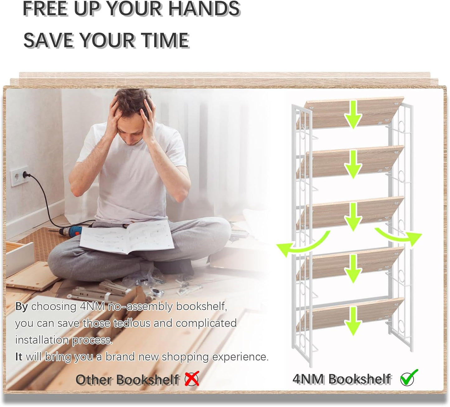 4NM No Assembly 5 Tiers Folding Bookshelf, 59.4" H Foldable Storage Shelves Vintage Bookcase Standing Racks Study Organizer Home Office - Natural White