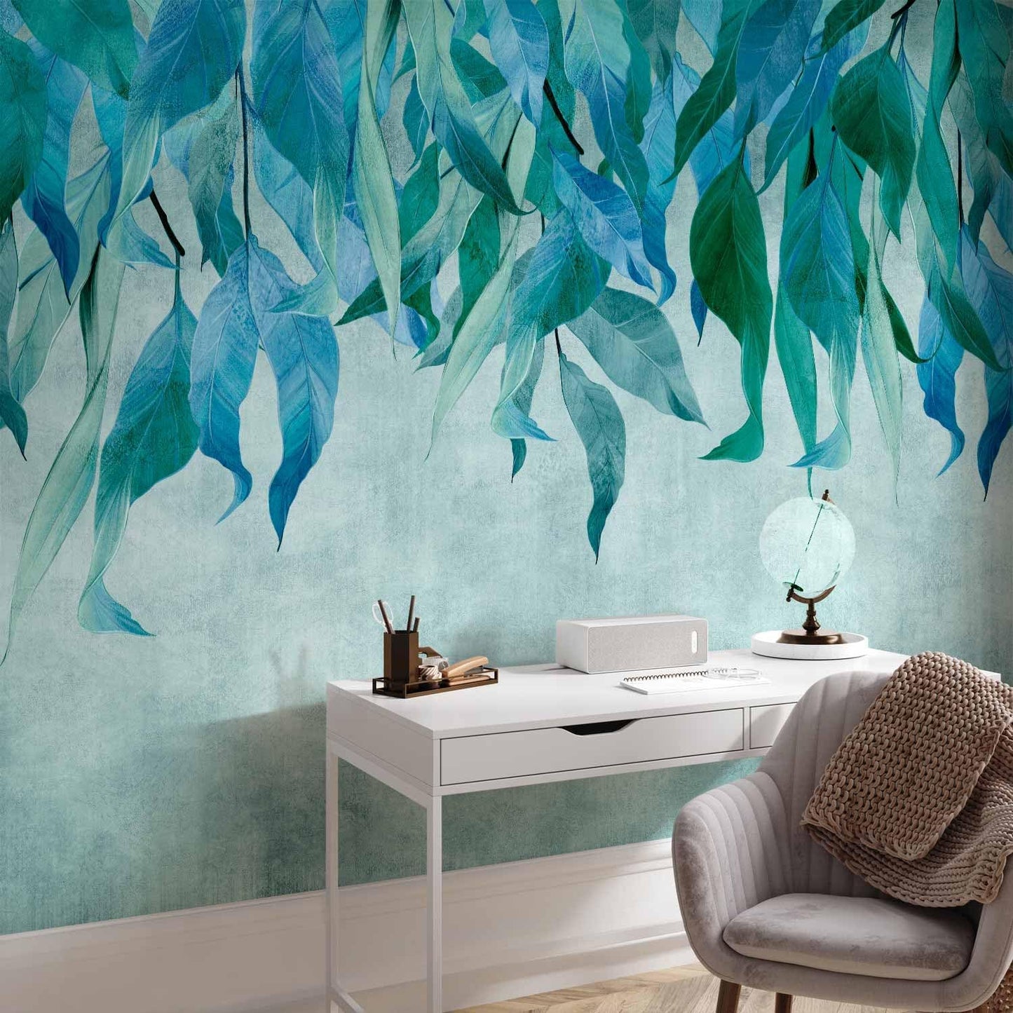 artgeist Premium Wall Mural Hanging Leaves 197x138 in - Non-Woven Wallpaper Fleece Wall Decor Photo Print Picture Image Design Nature Botanical Concrete Green Blue b-C-10146-a-b
