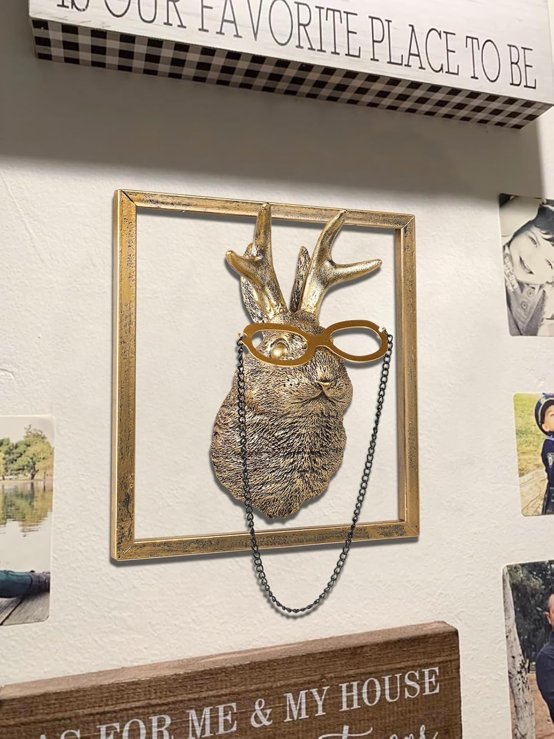 Animal Heads Wall Decor (Includes Metal Frame) Resin Animals Sculptures Head Wall Hanging Decoration Gold vintage Wall Sculpture for Living Room Bedroom Office(Jackalope)