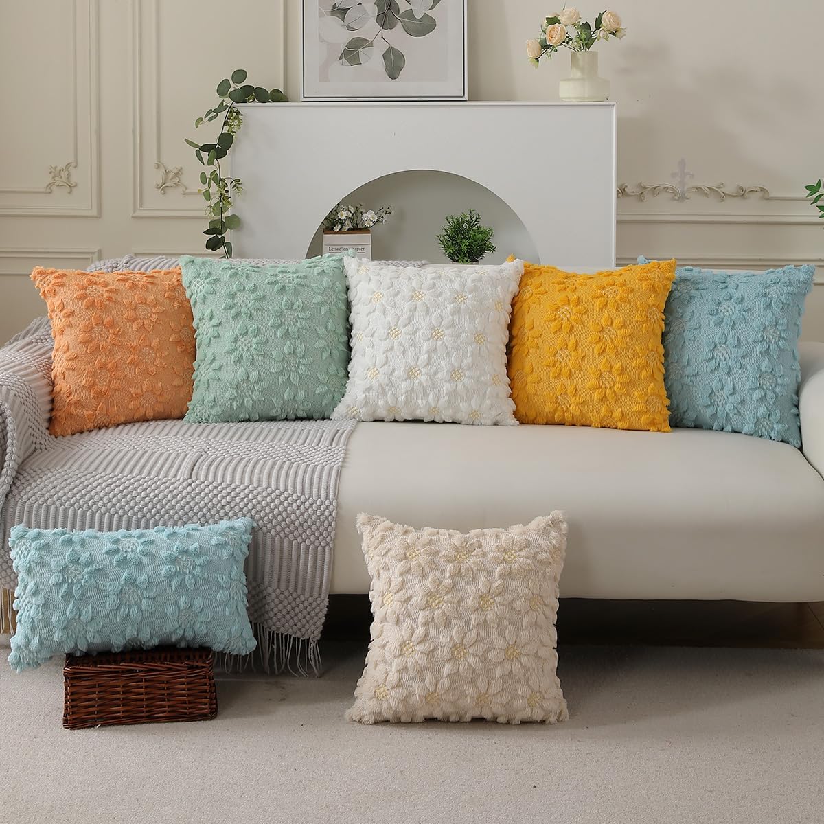 DFXSZ Spring Summer Pillow Covers 18x18 inch Set of 2 Farmhouse Decor White Flower Heart Sunflower Orange Soft Plush Faux Fur Jacquard Throw Pillows for Sofa Holiday Spring Home Decor PTK024H18