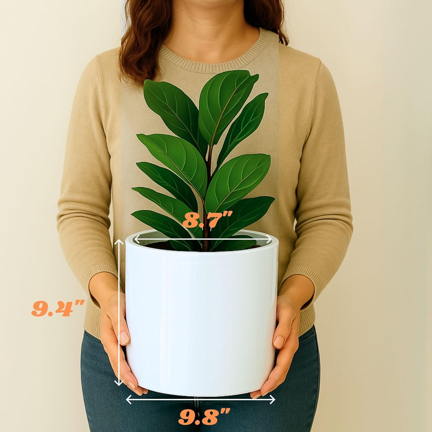 Fox & Fern 10 Inch Plant Pot with Drainage Plug — Premium Lightweight Fiberstone Glossy White Planter; Indoor & Outdoor Planter; 10 Inch Pots for Plants; Weather Resistant & UV Resistant