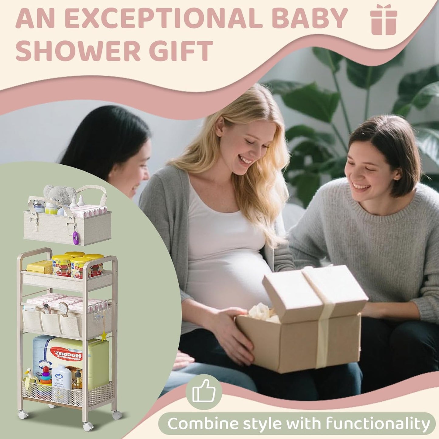 Baby Diaper Caddy Organizer and Storage,2In1 Baby Cart Organizer-Baby Diaper Caddy+3 Tier Rolling Cart for Baby Nursery,Baby Bedside Cart,Easy Assembly,Beige