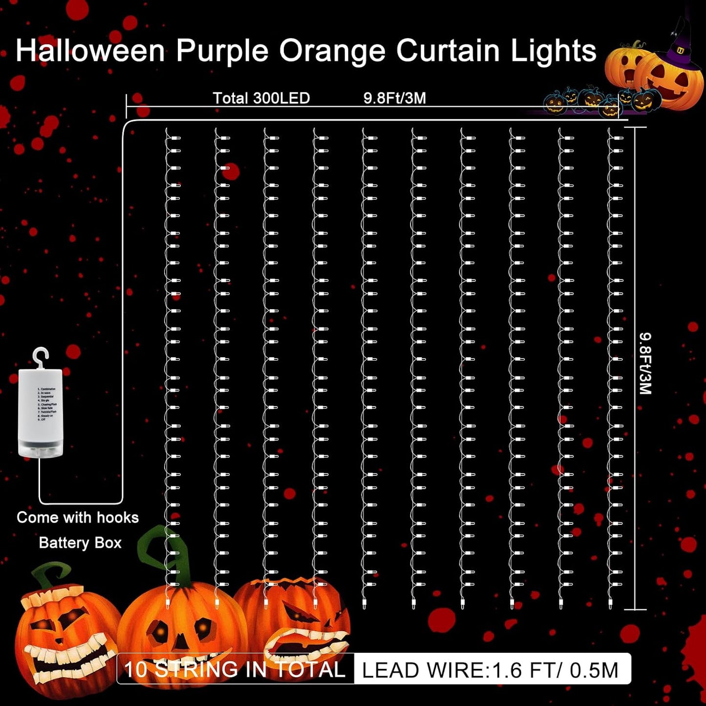 echosari Halloween Curtain Lights Battery Operated, 300 LED Purple Orange Fairy Curtain Lights 9.8Ft x 9.8Ft Hanging Lights with Remote Timer for Party Garden Yard Decor
