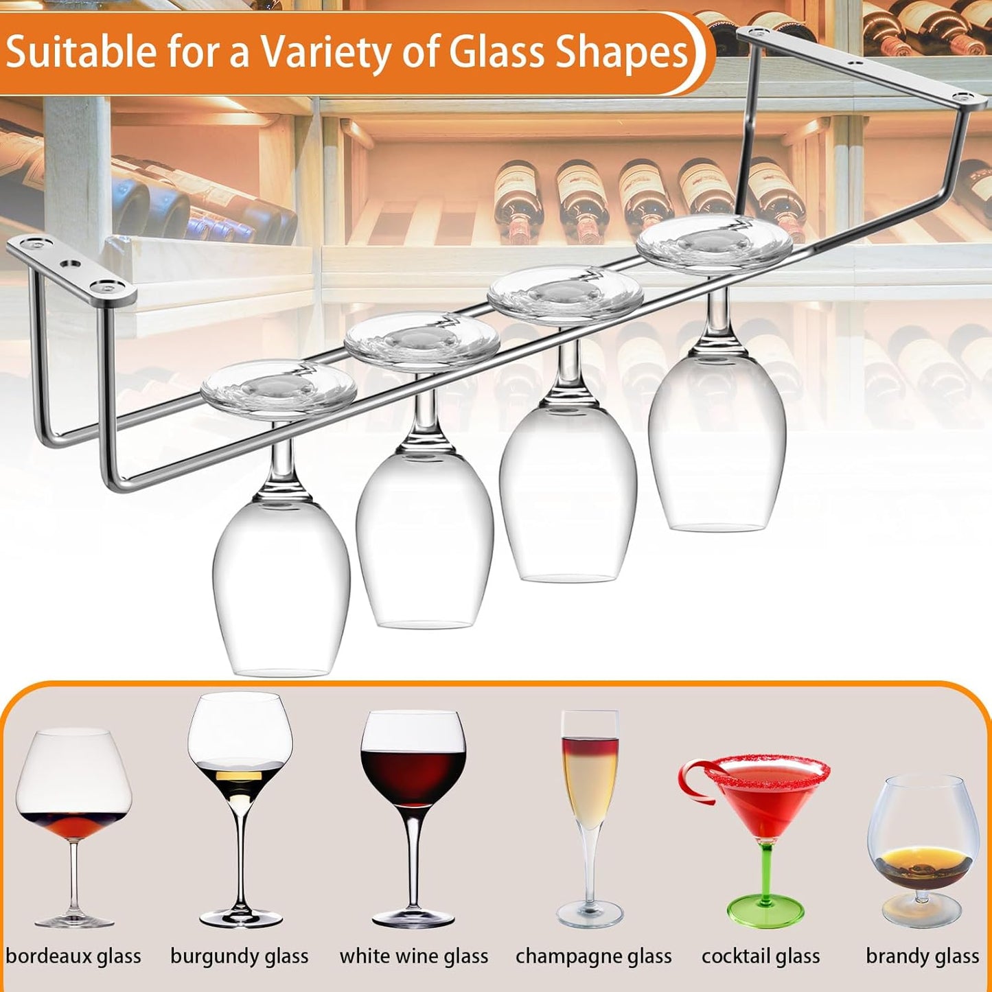 5 Pack Wine Glass Rack Stainless Steel Wine Glass Holder, 14inch Hanging Stemware Rack for Bar Kitchen Cabinet