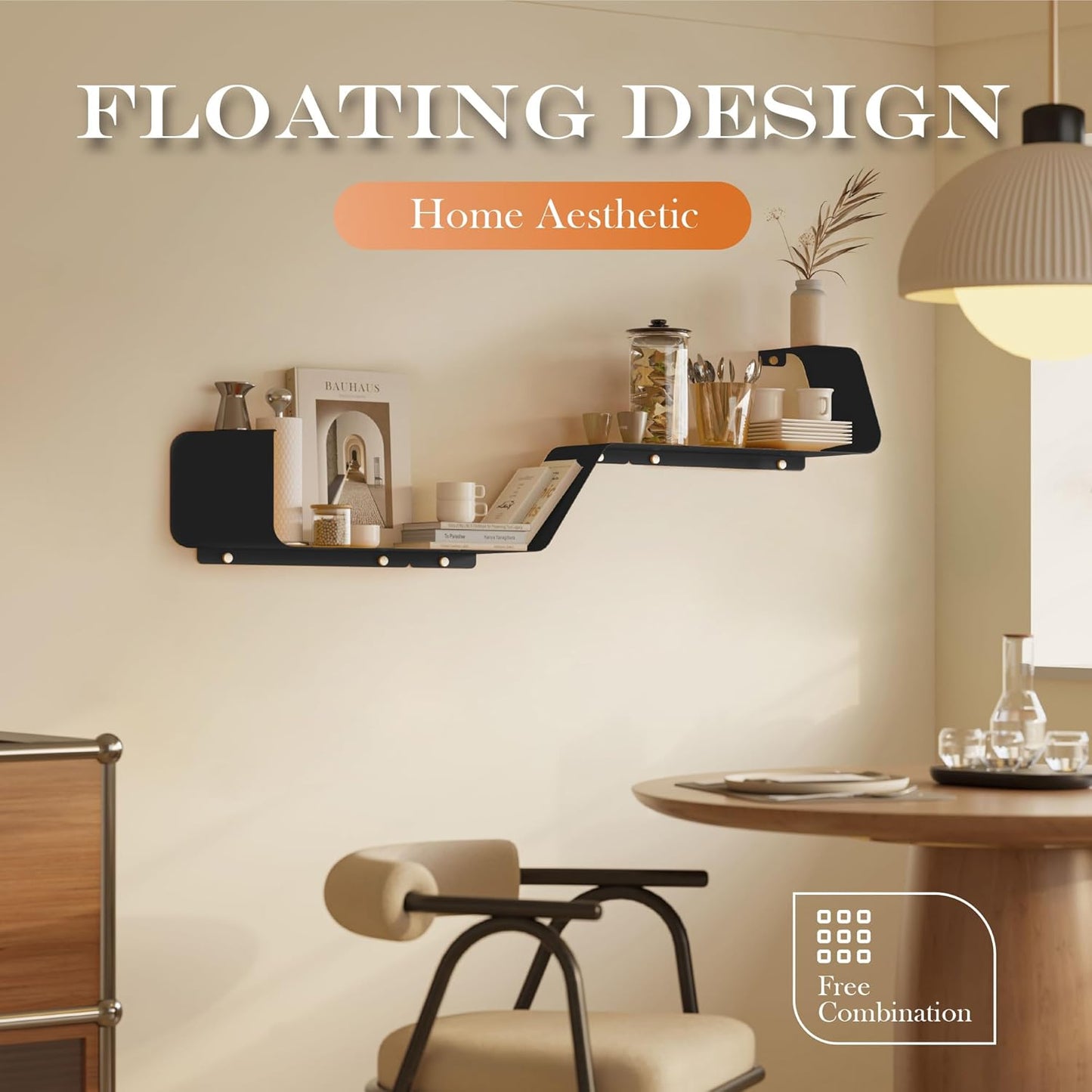 Floating Shelves, Wall Shelf, Set of 3 Wall Mounted Metal Shelves with Unique Design for Wall Storage, Book Shelf, Display Shelves for Bathroom Bedroom Kitchen Living Room for Home Black