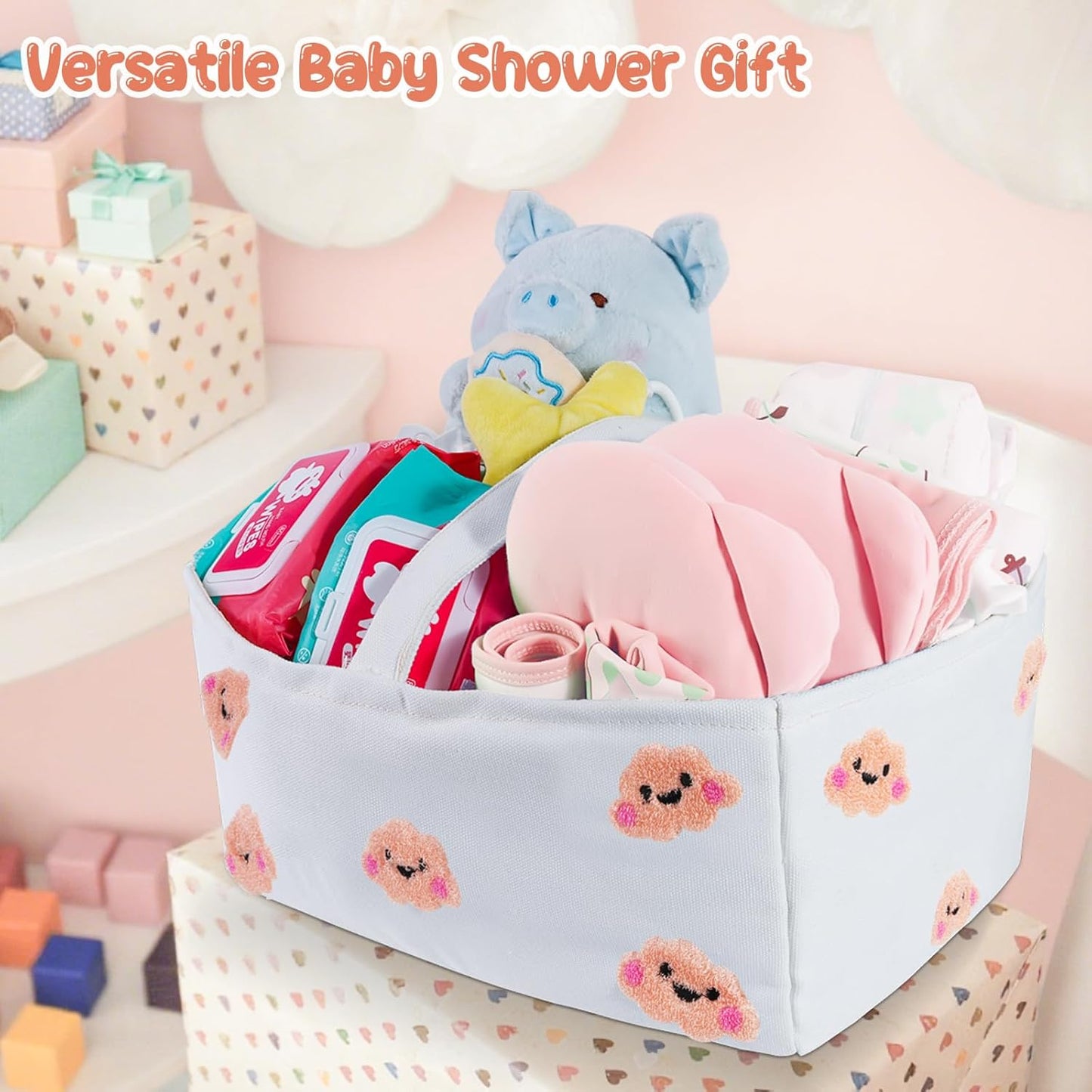 Baby Diaper Caddy Organizer with Handle - Durable Canvas Storage Basket with Cloud Embroidery, Portable Nursery Organizer for Newborn Essentials, Diaper Travel Bag, Baby Shower Basket-Pink