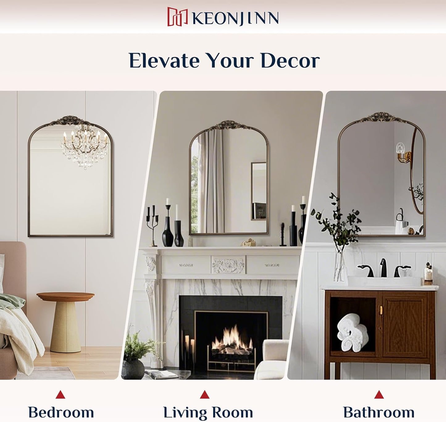 Keonjinn Vintage Mirror for Wall, 24" x 36" Bronze Antique Mirrors with Metal Frame, Baroque Style Decoration for Mantle, Bathroom, Living Room, Fireplace, Bedroom, French Cleat Mounting