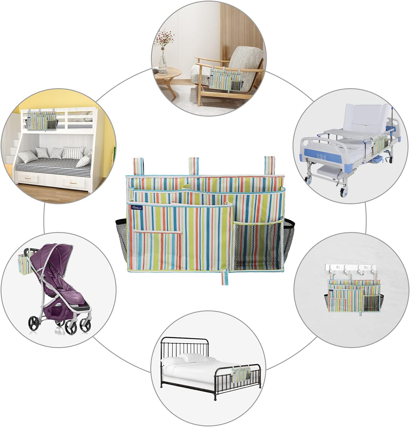 Surblue Bedside Caddy Hanging Bed Organizer Storage Bag Pocket for Bunk and Hospital Beds, College Dorm Rooms Baby Bed Rails, Camp 8 Pockets, (Large, Green Stripe)