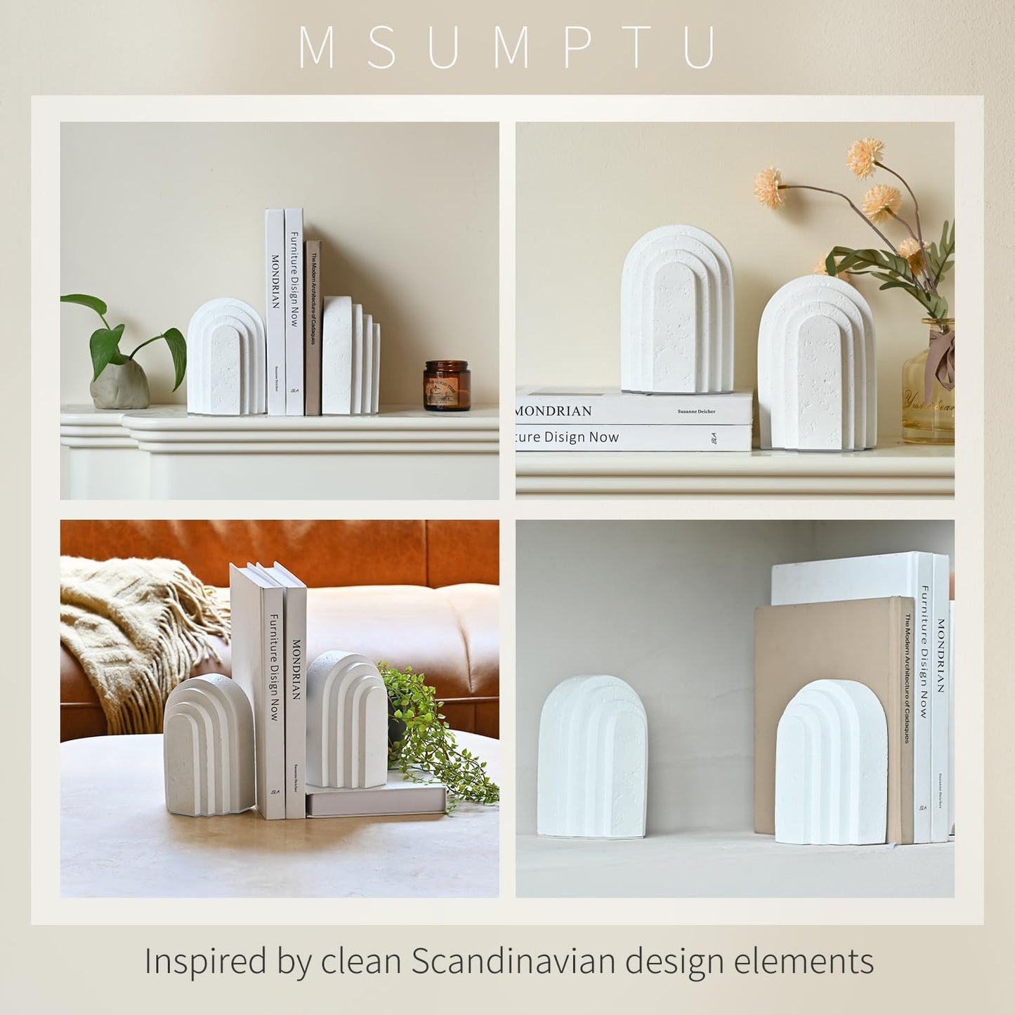 Decorative Bookends for Shelves, Set of 2 Book Ends for Heavy Books, Layered Arch Design White Bookend