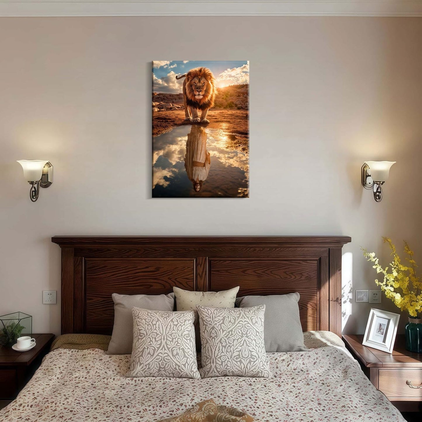 Framed Canvas Wall Painting Lion and Jesus Reflection Religious Poster Inspirational Faith Gallery Picture Print for Living Room and Bedroom Decor 12x16 Inch Ready to Hang