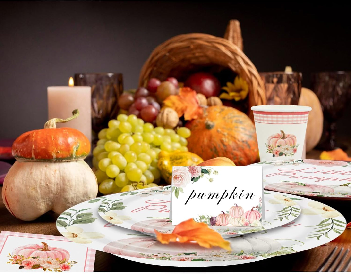 Aukolass Pumpkin Party Supplies Tableware Set - Fall Theme Party Decorations Including Plates, Napkins and Cups for Pumpkin Birthday and Baby Shower Party, Serves 24 Guests (pink)