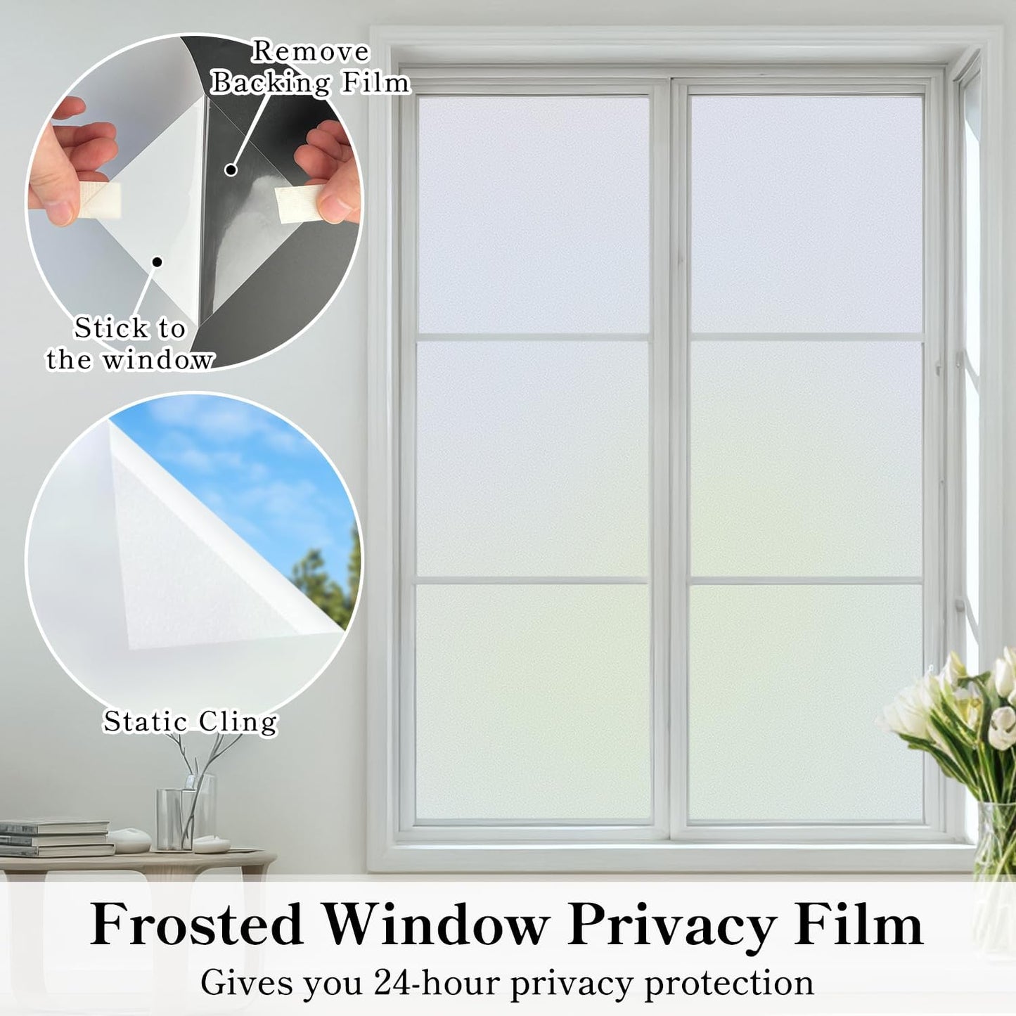DUOFIRE Privacy Window Film Frosted Glass Film Matte White Static Cling Glass Film No Glue Anti-UV Window Sticker Non Adhesive for Privacy Office Meeting Room Bathroom Living Room DS001W 47.2x118in