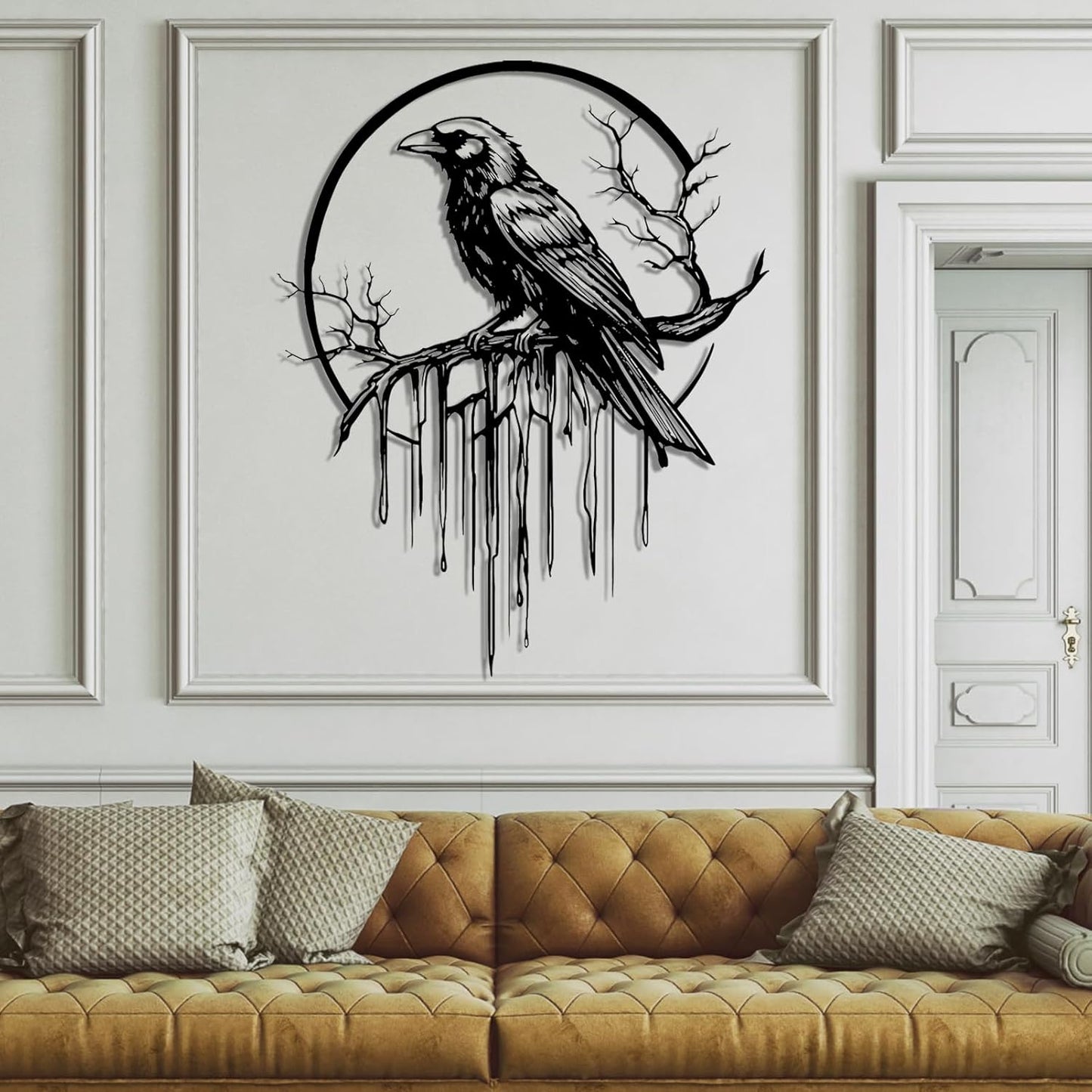 Crow Metal Wall Decor, Raven Wall Art, Large Gothic Raven Decor Hangings, Bird Wall Decor, Metal Tree Branch Decor, Ravens Sign, Raven Art for Living Room (Silver, 39"x31" | 100x80cm, metal wall art)