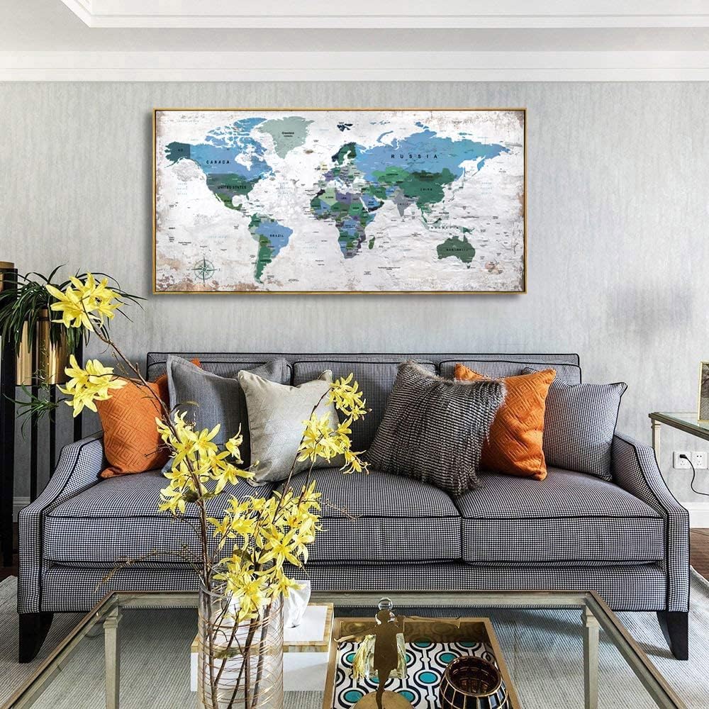 Framed Wall Art World Map Wall Art Canvas Picture 30inchx60inch Large Blue Map of The World Canvas Painting Artwork Prints for Office Wall Decor Home Living Room Decorations Framed Ready to Hang