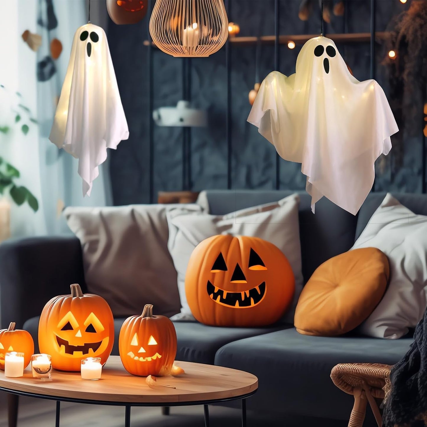 4Packs Hanging Ghosts Halloween Decor, LED Light Up Halloween Ghost Decorations, Spooky Cute Ghost Ornaments for Home Tree Garden Front Porch Yard Fall Party Holiday Decoration Outdoor 19.6", White