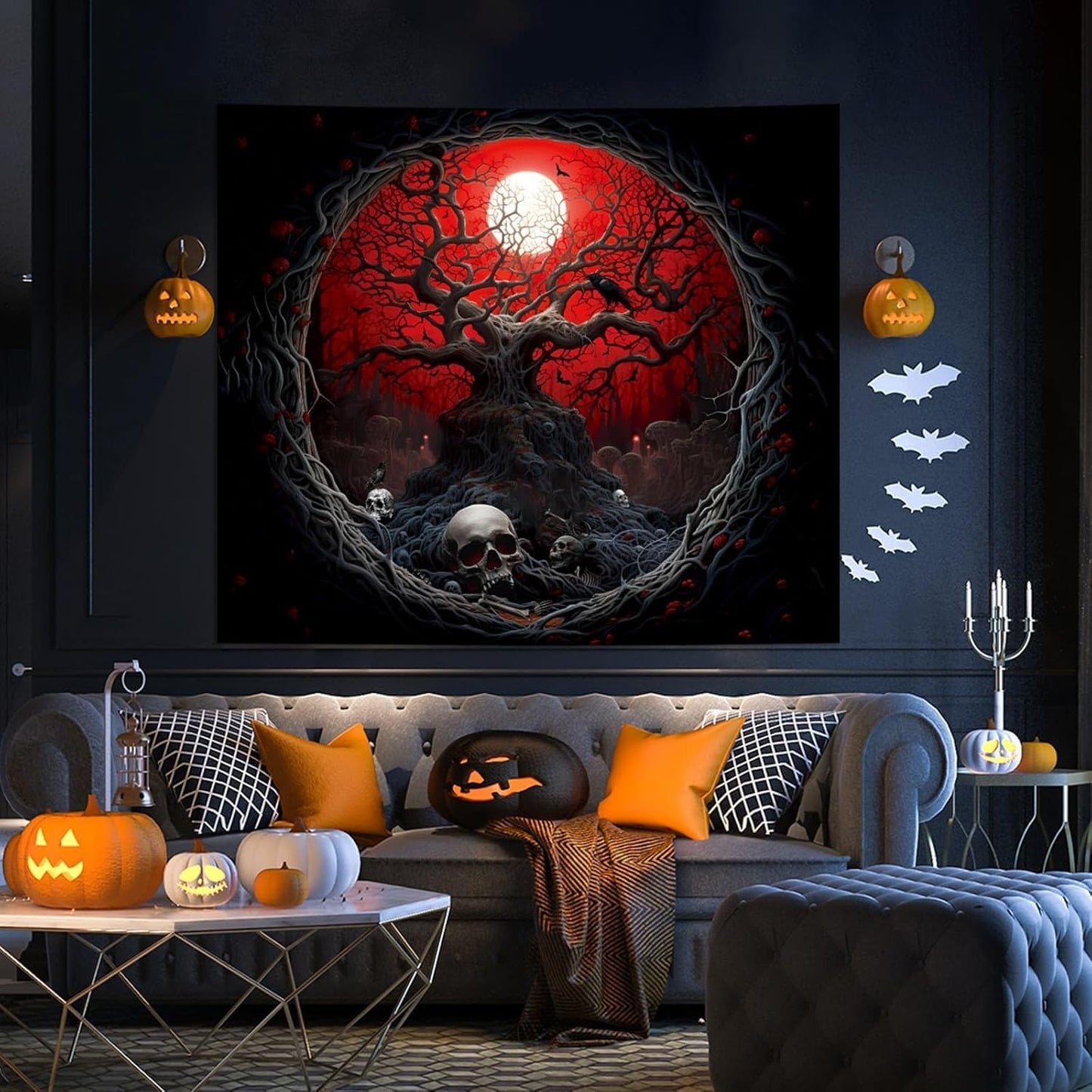Atrippy Halloween Black Red Anime Tapestry, Gothic Dark Forest Moon Wall Hanging, Nature Skull Withered Tree Landscape Tapestries for Bedroom Living Room Men Dorm 60x 79 Inches