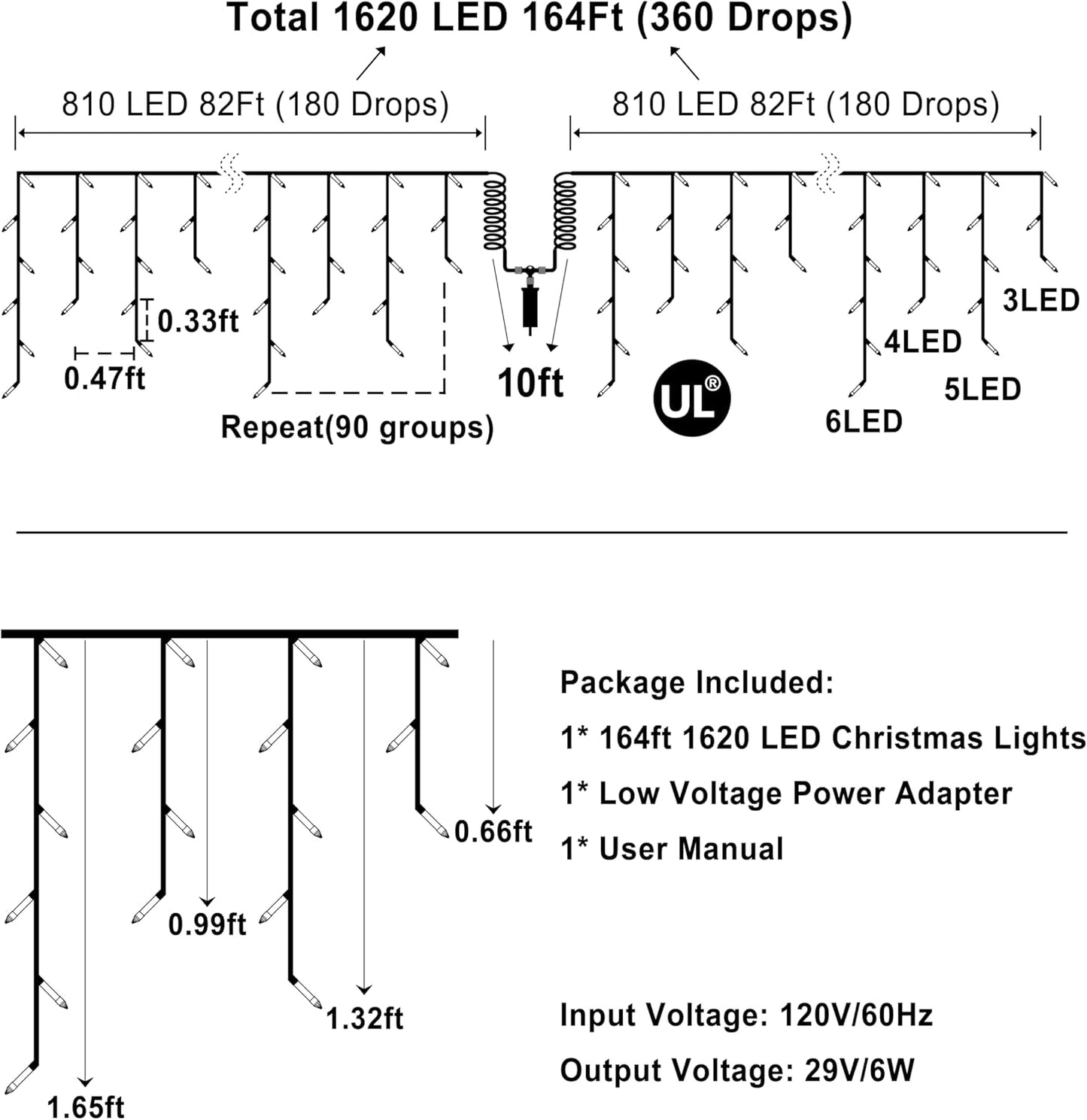 1620 LED Christmas Lights with 360 Drops,164ft 8 Modes Fairy Hanging String Lights with Time Waterproof, Plug-in Hanging String Lights for Holiday Wedding Party Christmas Decor Blue & CoolWhite
