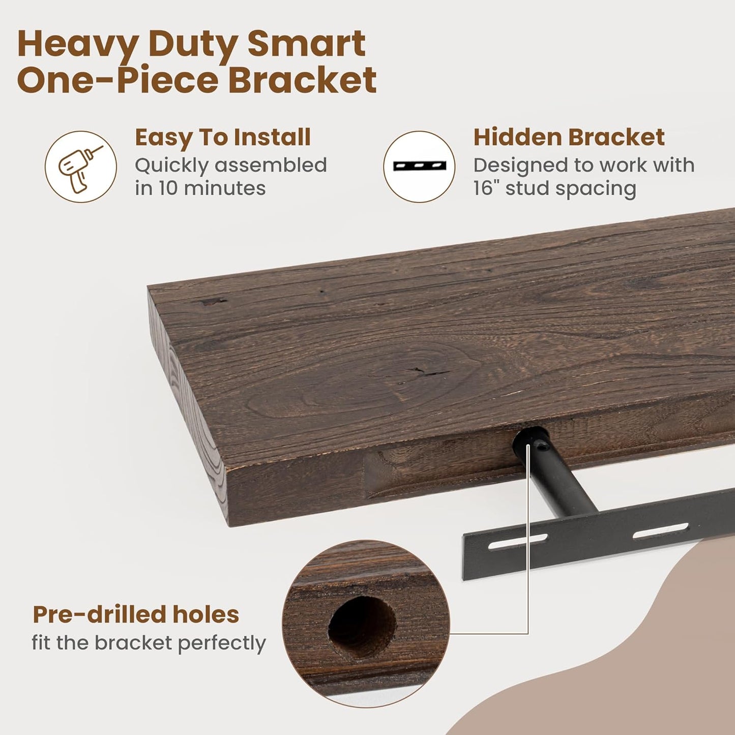 Floating Shelves for Wall Decor, 8 Inch Deep Rustic Solid Elm Wood Floating Shelves Wall Mounted, Wall Shelves with Invisible Bracket for Living Room Bathroom Bedroom Kitchen, 48 Inch Set of 1, Walnut