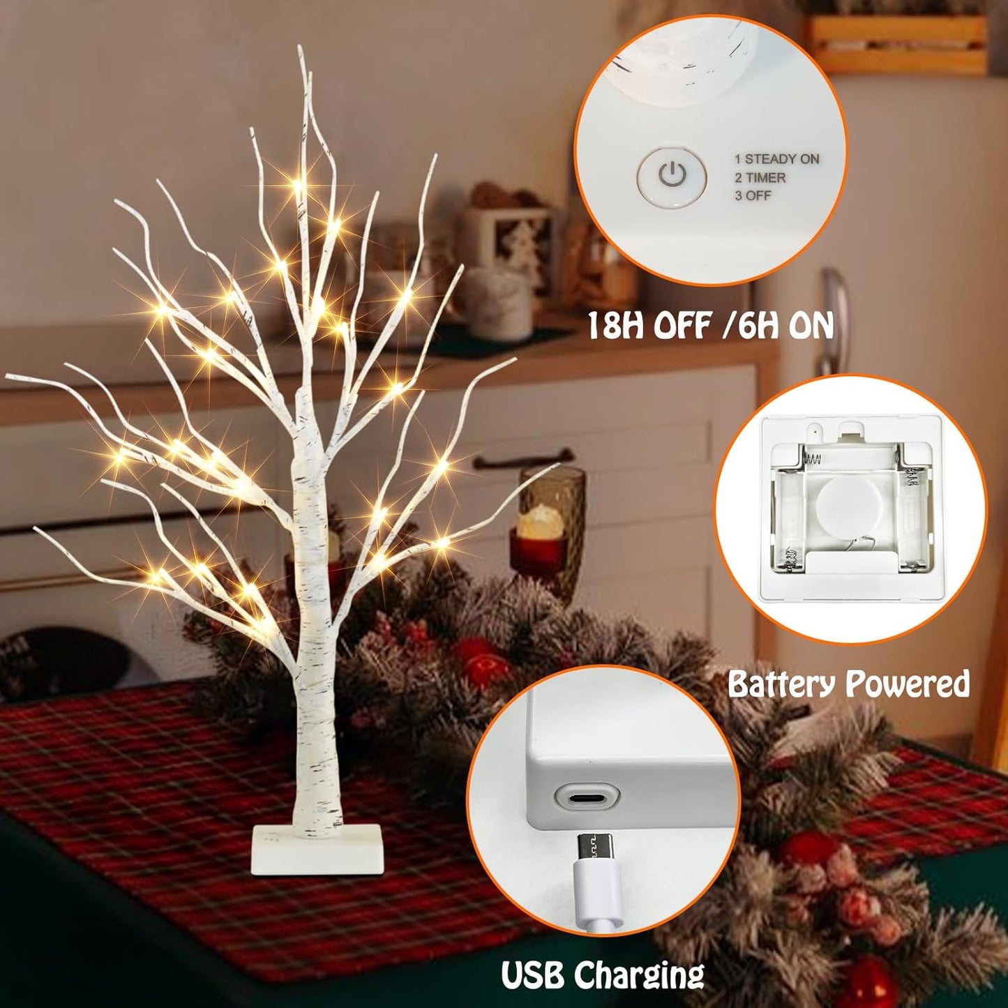 EAMBRITE Lighted Birch Tree Christmas Decorations Indoor for Home, 2Pack 24 LED Battery Operated/USB Tabletop Mini Small Artificial White Trees with Lights for Table Mantel Winter Xmas Decor (2FT)