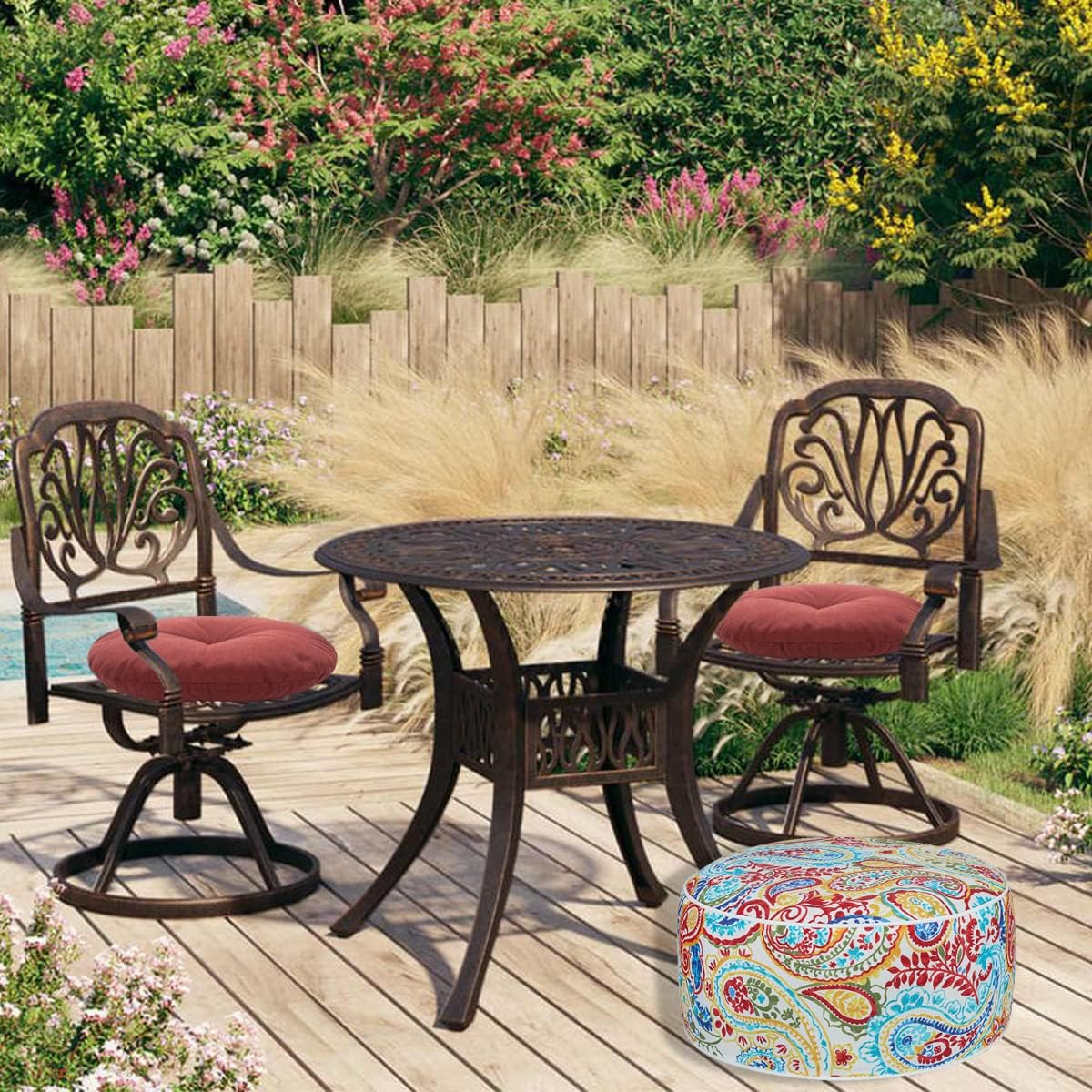 FUNHOME Inflatable Outdoor Ottoman with Air Pump,20"x9" Portable Patio Pouf,Water Resistant,Fade-Resistant,Round Blow Up Footrest Stools for Home Garden Camping Travel(Phoenix)