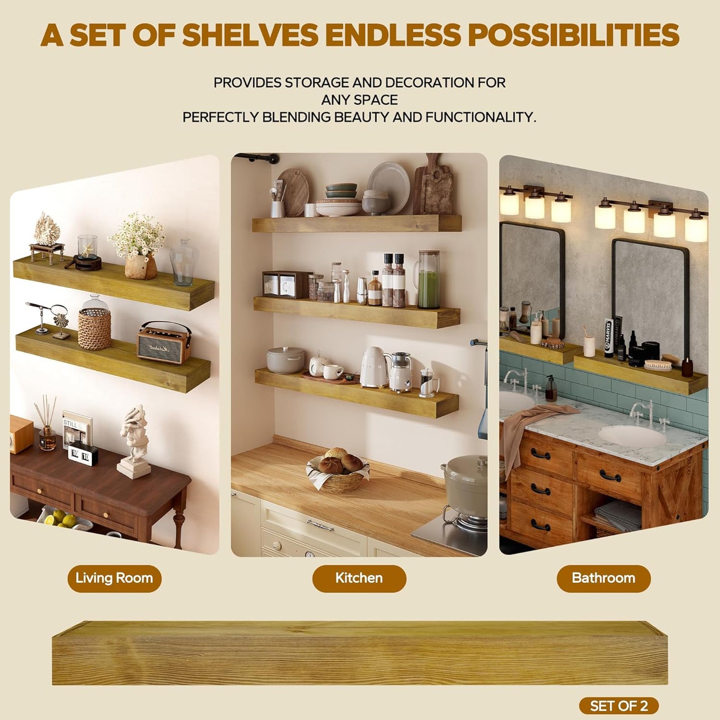 Floating Shelves 3 inch Thick for Wall Set of 2,Solid Pine Wood Wall Mount Shelf for Kitchen Living Room Bedroom Bathroom,8" D x 60" L x 3" H-Gold Oak